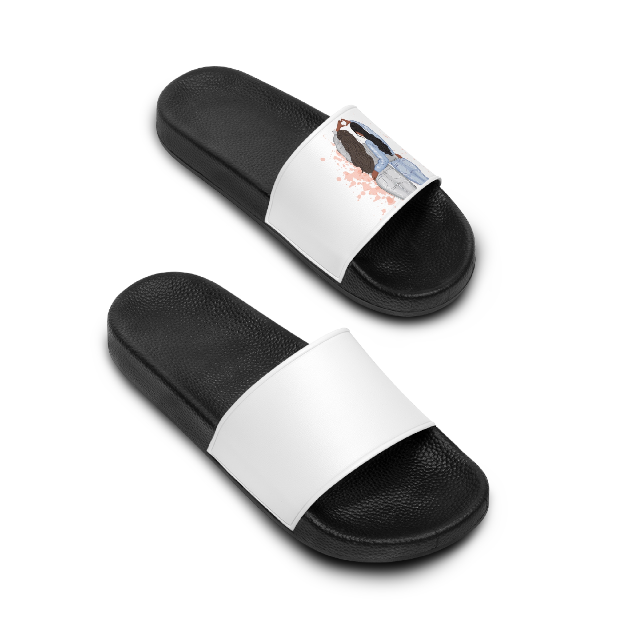 Two Girls Friends Sister Friends With Long Hair Hugging Friendship Day Print Valentine Vector Mens Slide Sandals - Image 4