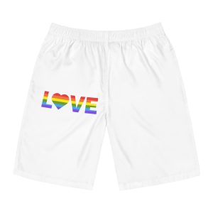 Love With Heart Rainbow Heart Shape Lgbtq Flag White Background Pride Month Mens Board Shorts Aop