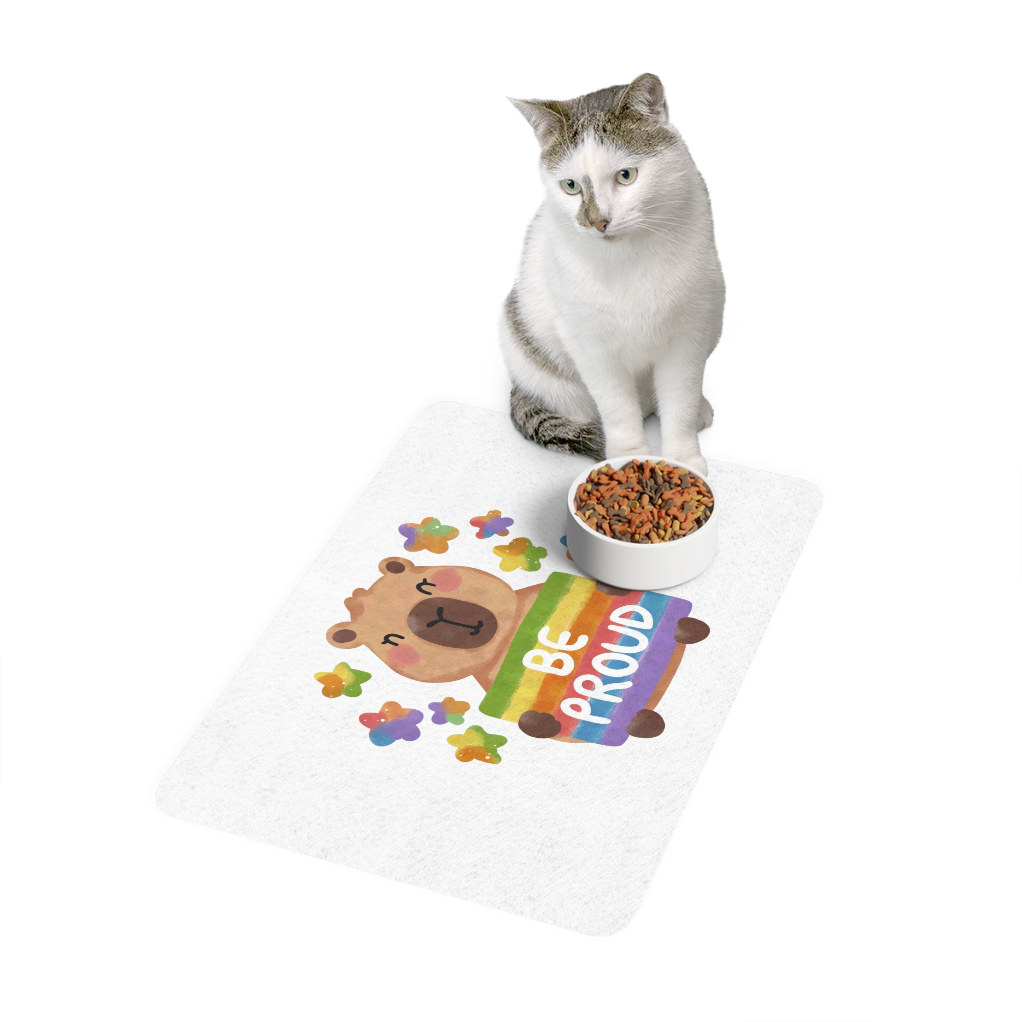Cute Capybara Holding Be Proud Rainbow Flag Illustration Pet Food Mat 12x18 - Image 3