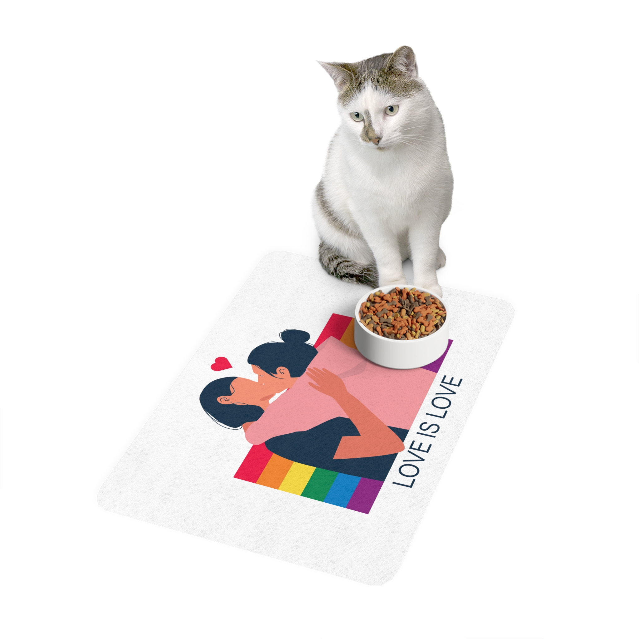Lesbian Couple Kissing Hugging Rainbow Flag Love Is Love Pet Food Mat 12x18 - Image 3
