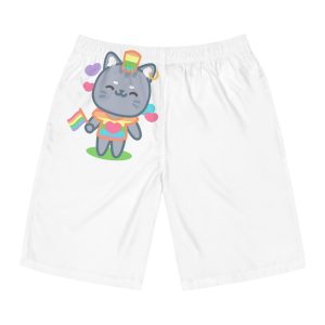 Cute Grey Cat With Rainbow Pride Flag Heart Illustration Mens Board Shorts Aop