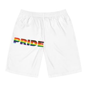 Large Bold Pride Letters Infused With Progress Rainbow Flag Colors Represent Lgbtqia Mens Board Shorts Aop