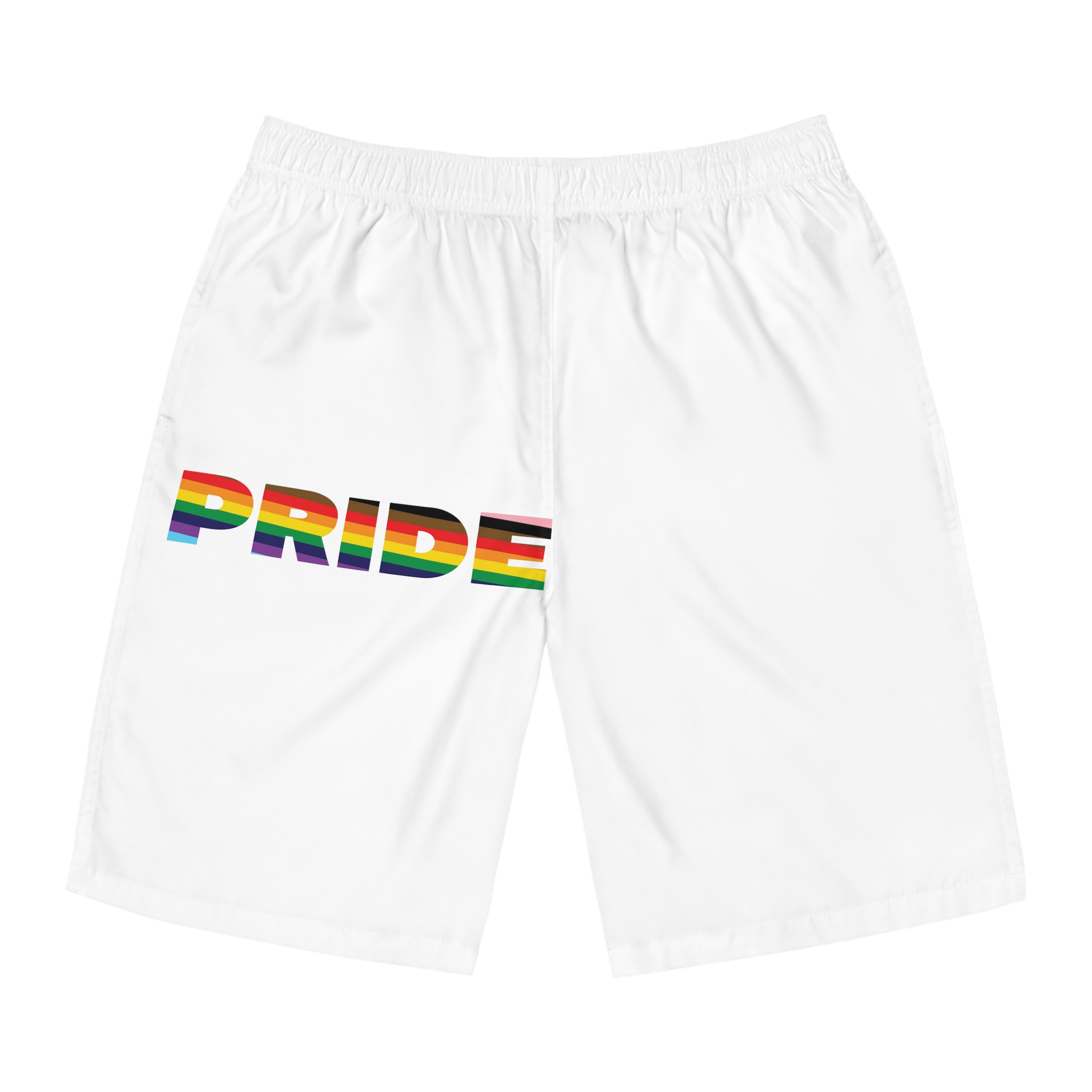 Large Bold Pride Letters Infused With Progress Rainbow Flag Colors Represent Lgbtqia Mens Board Shorts Aop