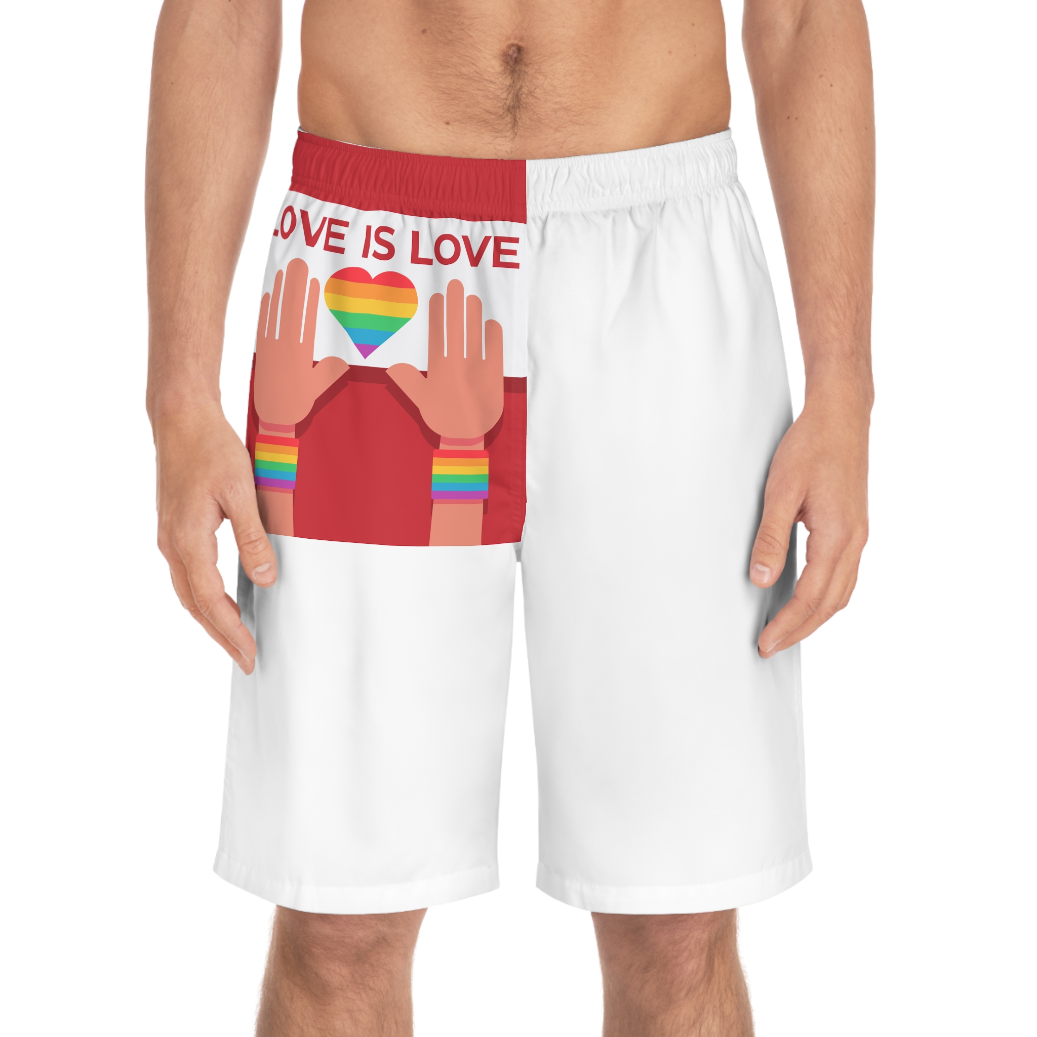 Hands Holding Lgbt Posters People Crowd With Rainbow Flag Gender Signs Hearts Lgbtq Community Pride Mens Board Shorts Aop - Image 3