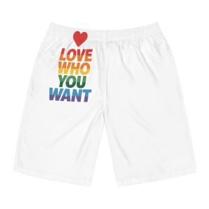 Rainbowcolored Text With Heart Symbol Saying Love Who You Want Mens Board Shorts Aop