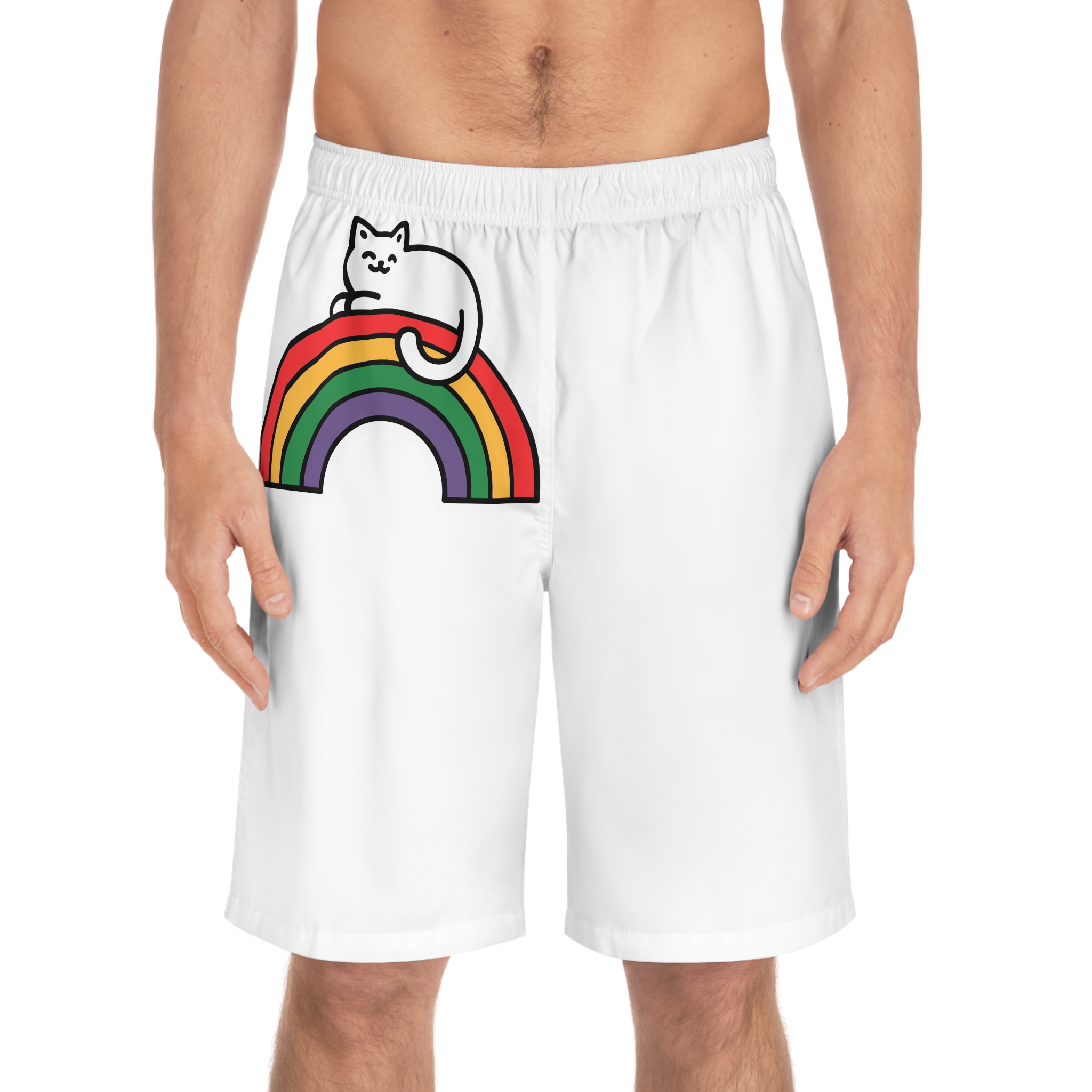 Cartoon Cat Lying Rainbow Illustration With Cheerful Expression Mens Board Shorts Aop - Image 3
