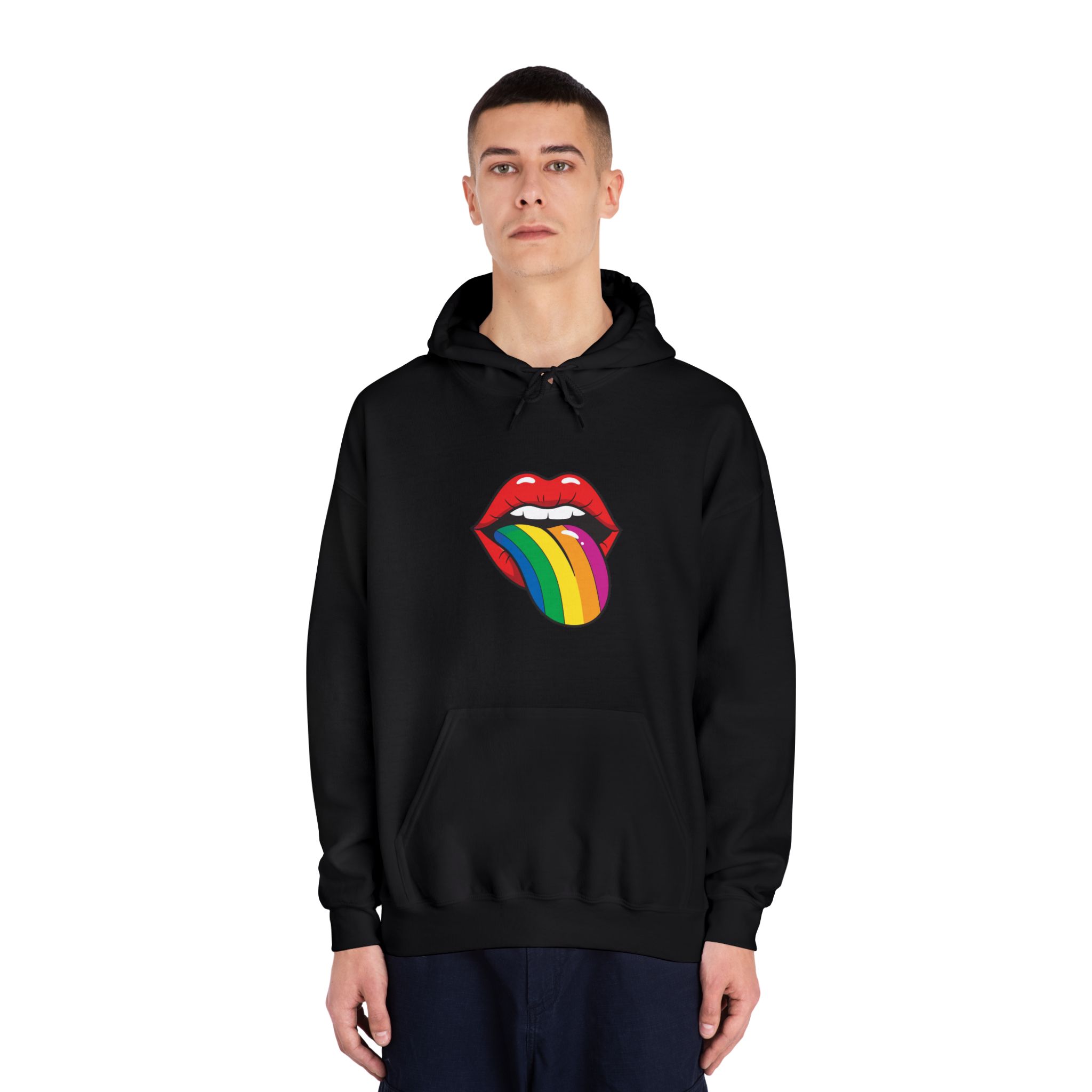 Pop Art Illustration Open Red Lips With Long Colorful Rainbow Tongue Sticking Out Now Unisex Dryblend Hooded Sweatshirt - Image 11