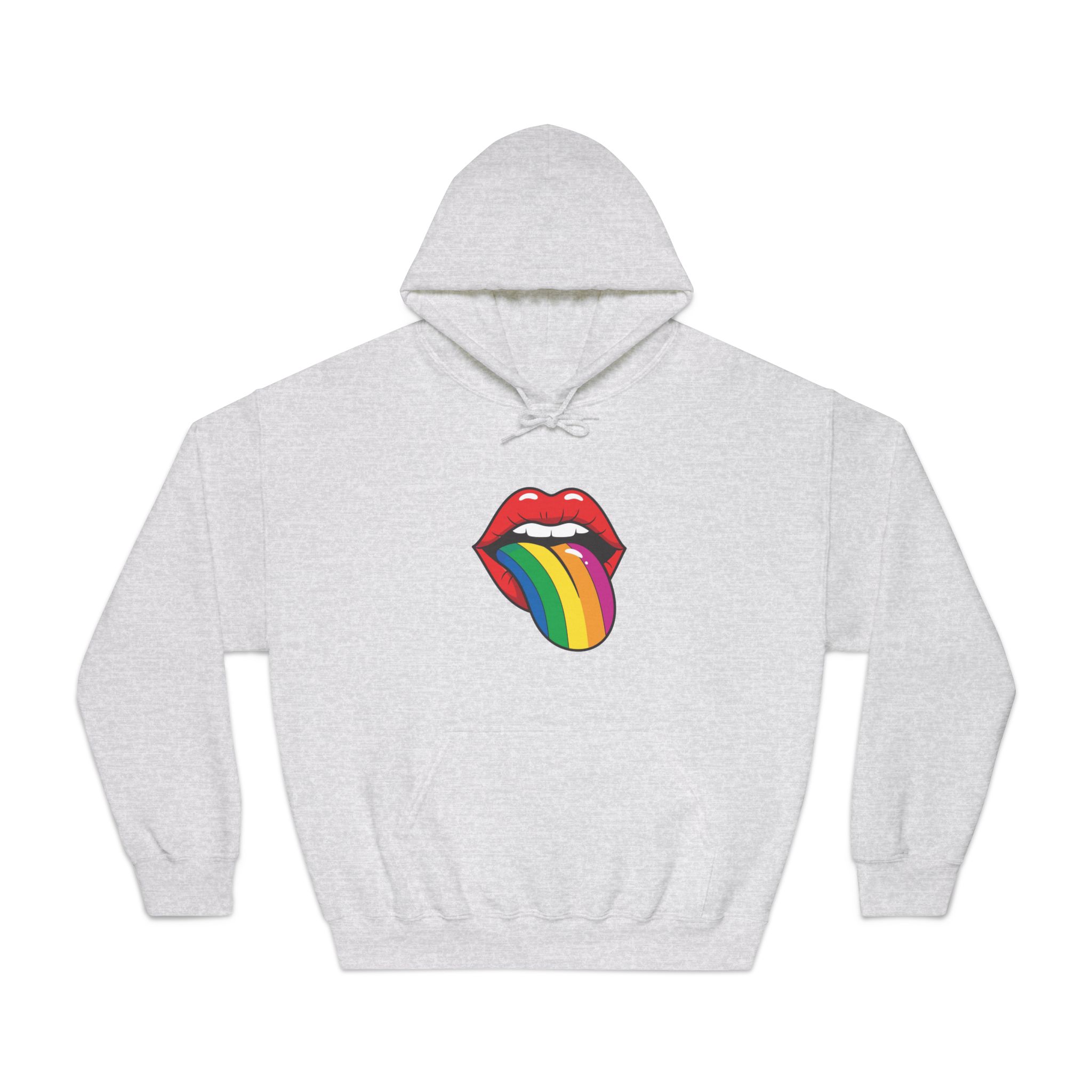 Pop Art Illustration Open Red Lips With Long Colorful Rainbow Tongue Sticking Out Now Unisex Dryblend Hooded Sweatshirt - Image 5