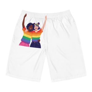 Celebrating Lgbtq Pride With Joyful Friends Wearing Rainbow Pride Shirts Mens Board Shorts Aop