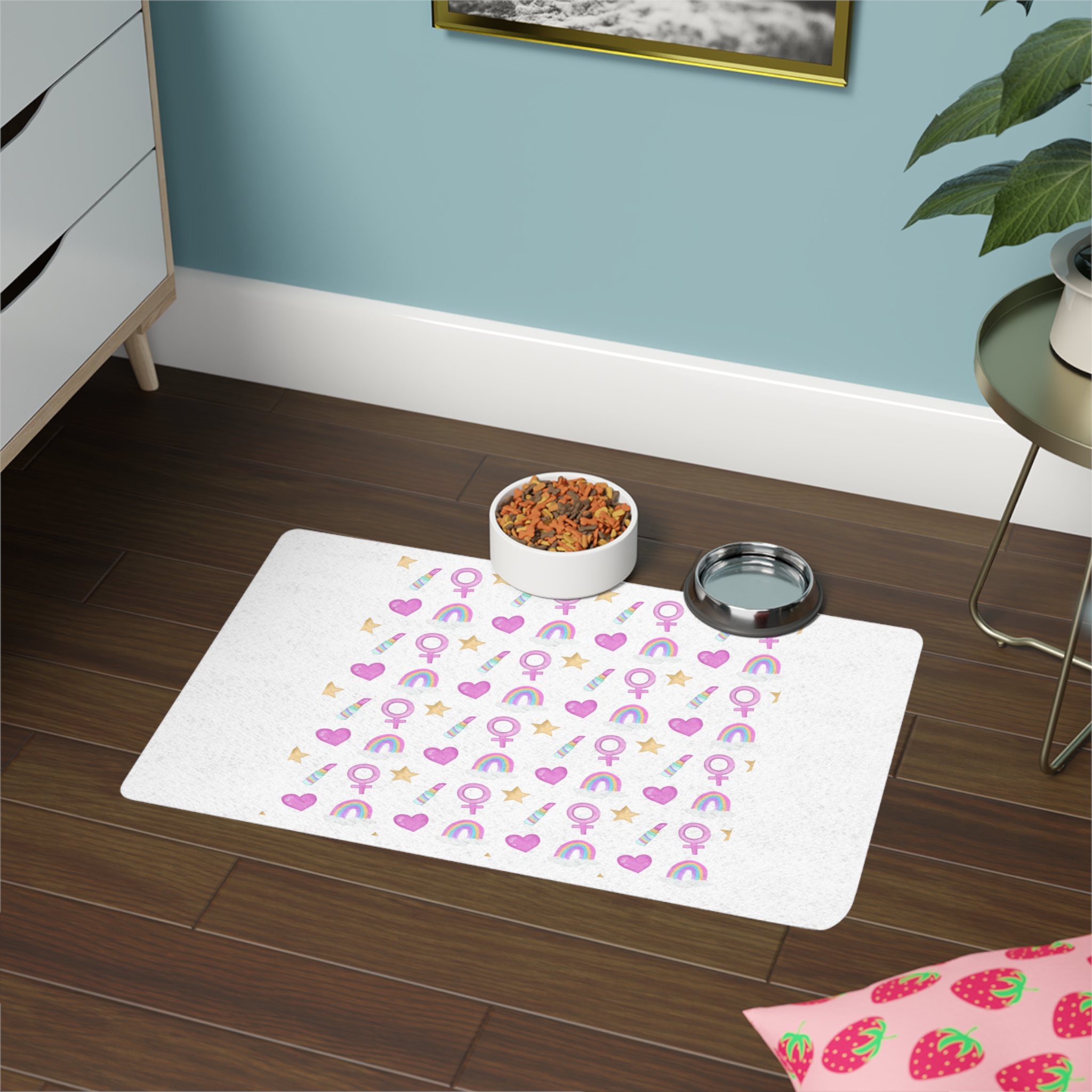 Cute Feminine Seamless Pattern With Rainbows Hearts Venus Symbols Pet Food Mat 12x18 - Image 4