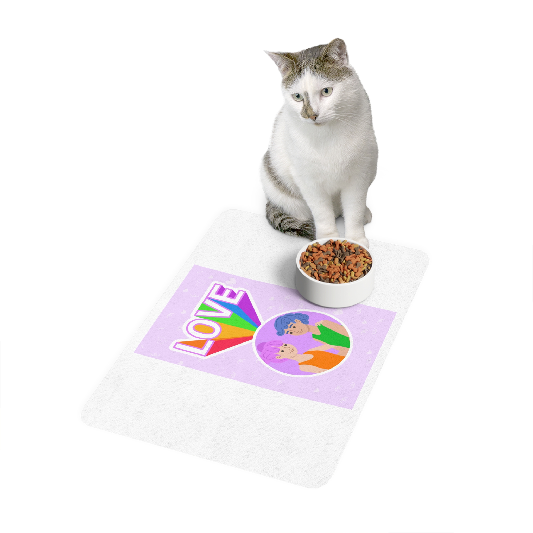 Young Couple Embracing With Rainbow Love Text Celebrating Pride Month Pet Food Mat 12x18 - Image 3