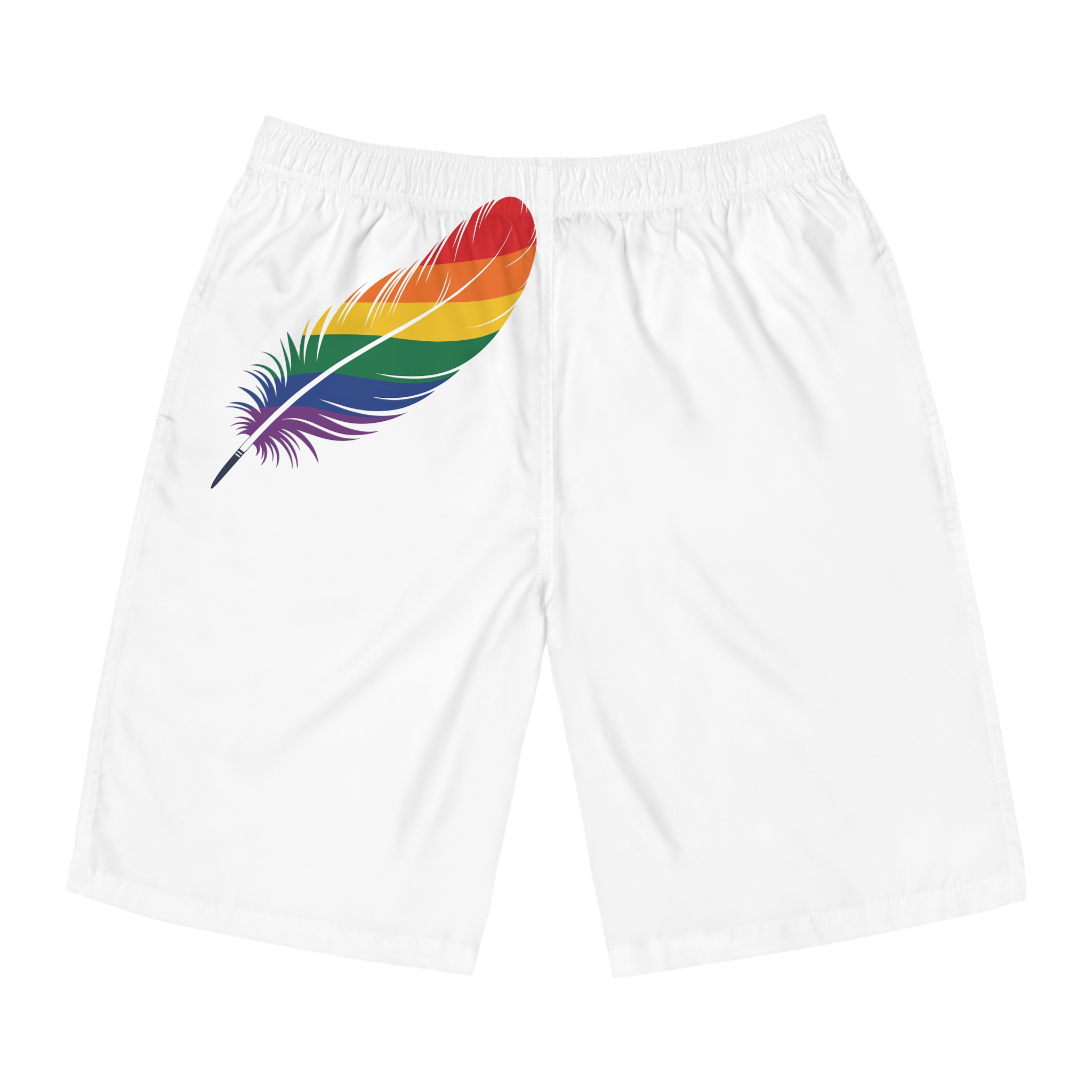 Single Feather Adorned With Vibrant Colors Rainbow Flag Mens Board Shorts Aop