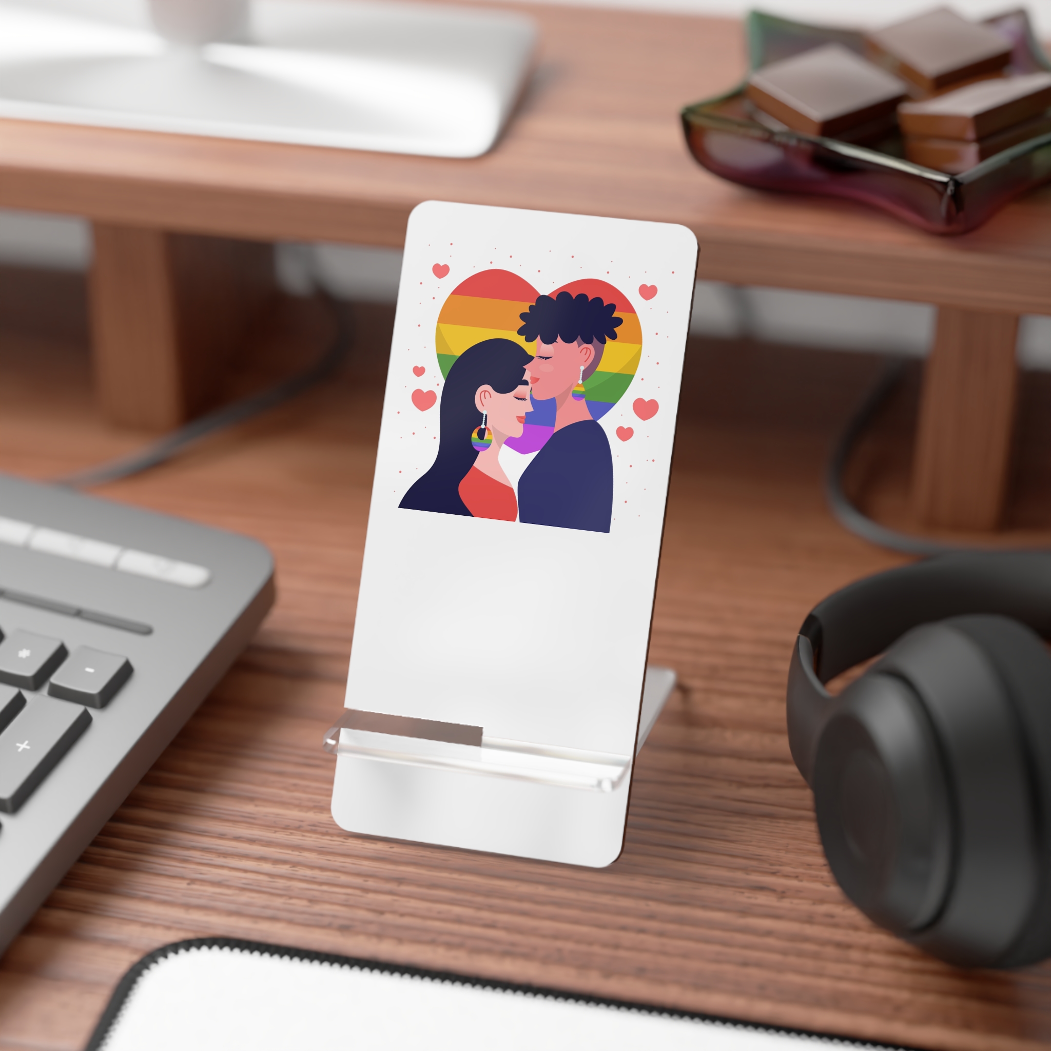 Flat Design Lesbian Couple Kiss Illustration Mobile Display Stand For Smartphones - Image 3