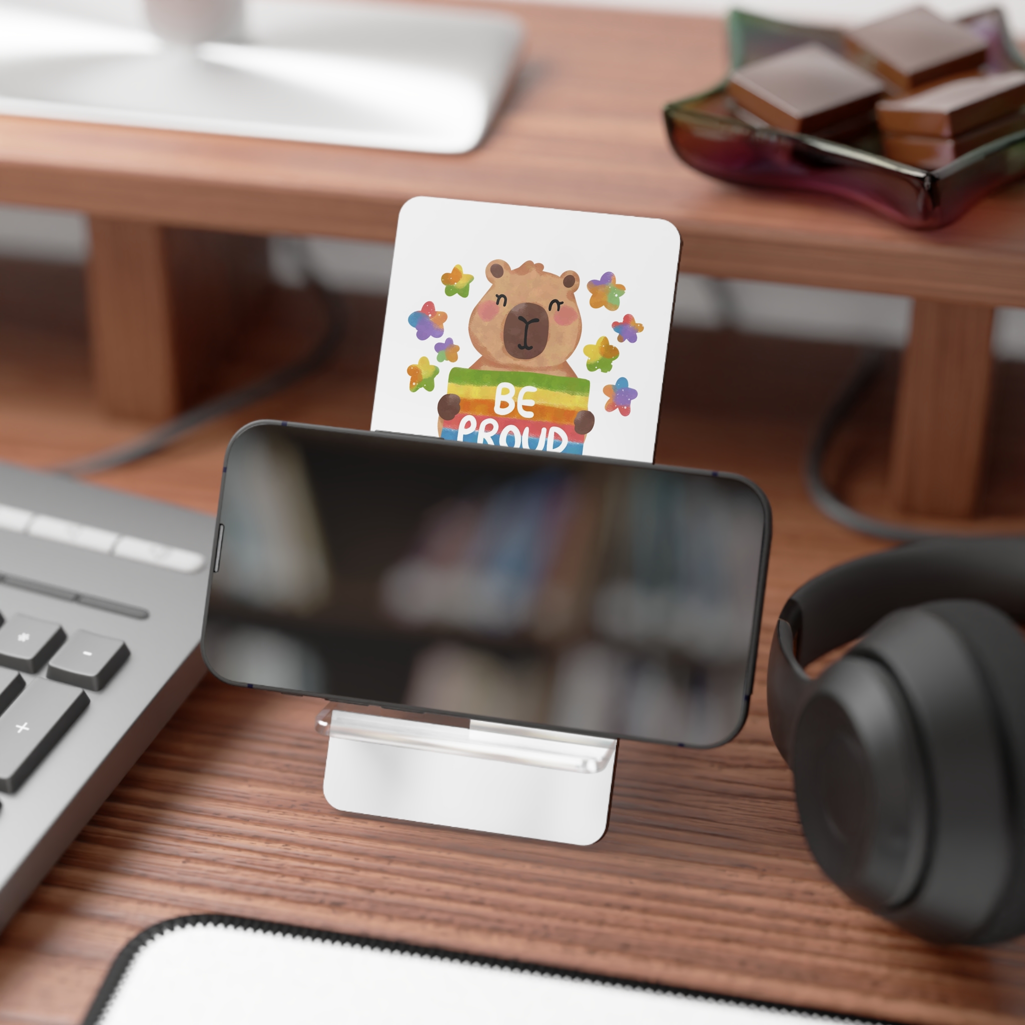 Cute Capybara Holding Be Proud Rainbow Flag Illustration Mobile Display Stand For Smartphones - Image 4
