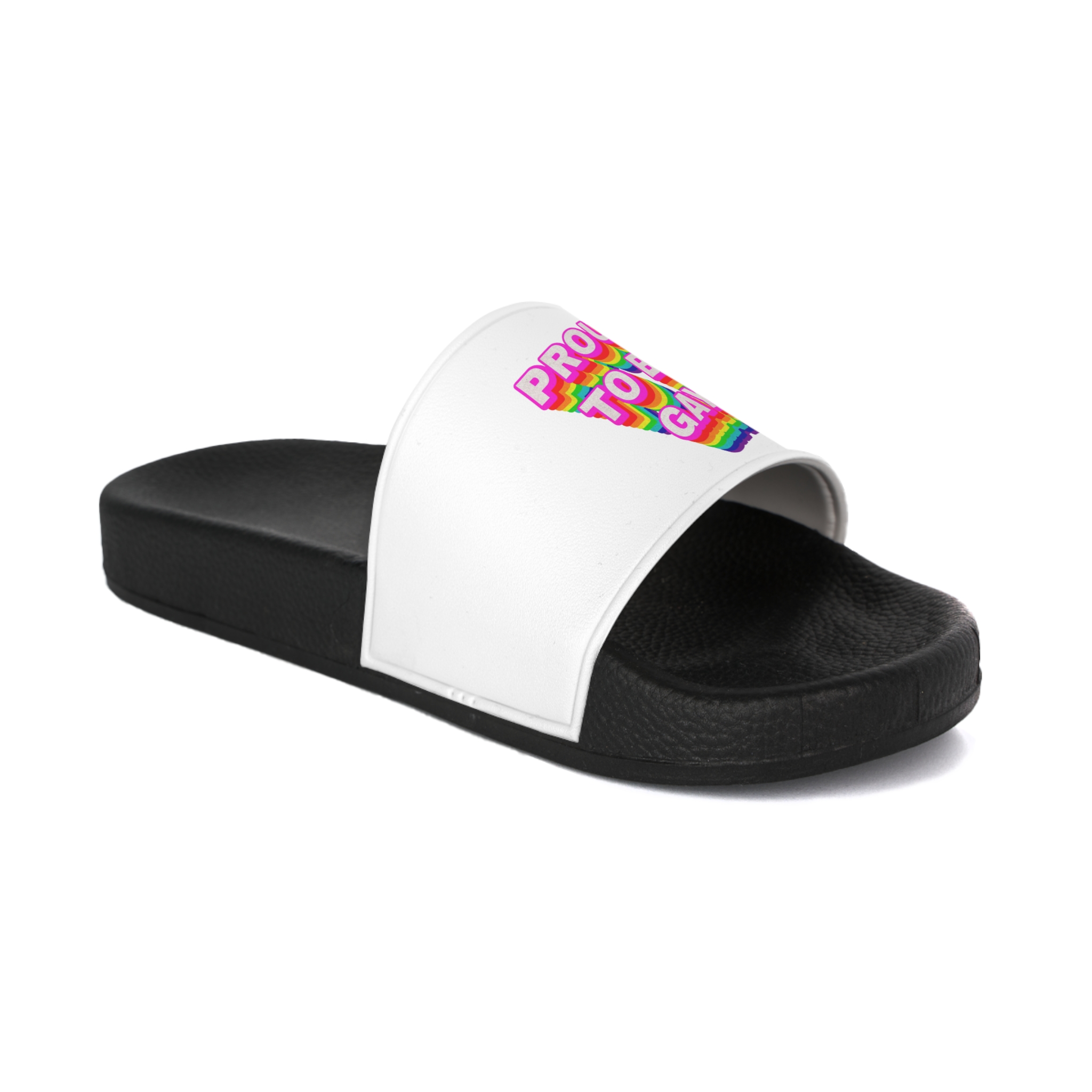 Rainbow Word Proud Be Gay Typography Design Element Mens Slide Sandals - Image 2