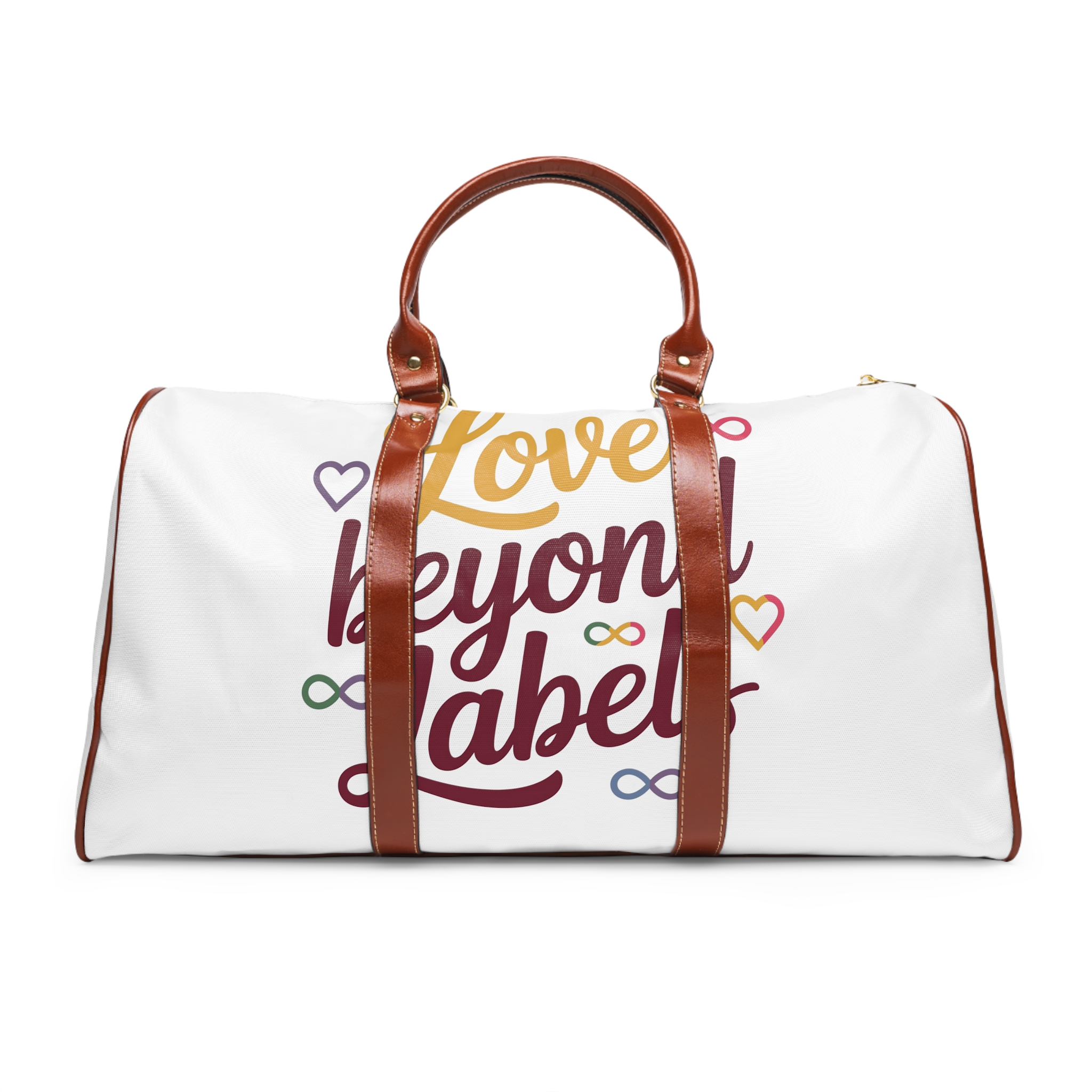 Love Beyond Labels T Shirt Design Isolated White Background Waterproof Travel Bag