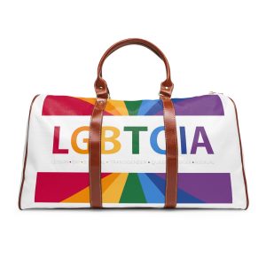 Lgbtqia Text Banner With Rainbow Background Lgbtqia Typography With Lgbt Gay Pride Flag Colours Waterproof Travel Bag