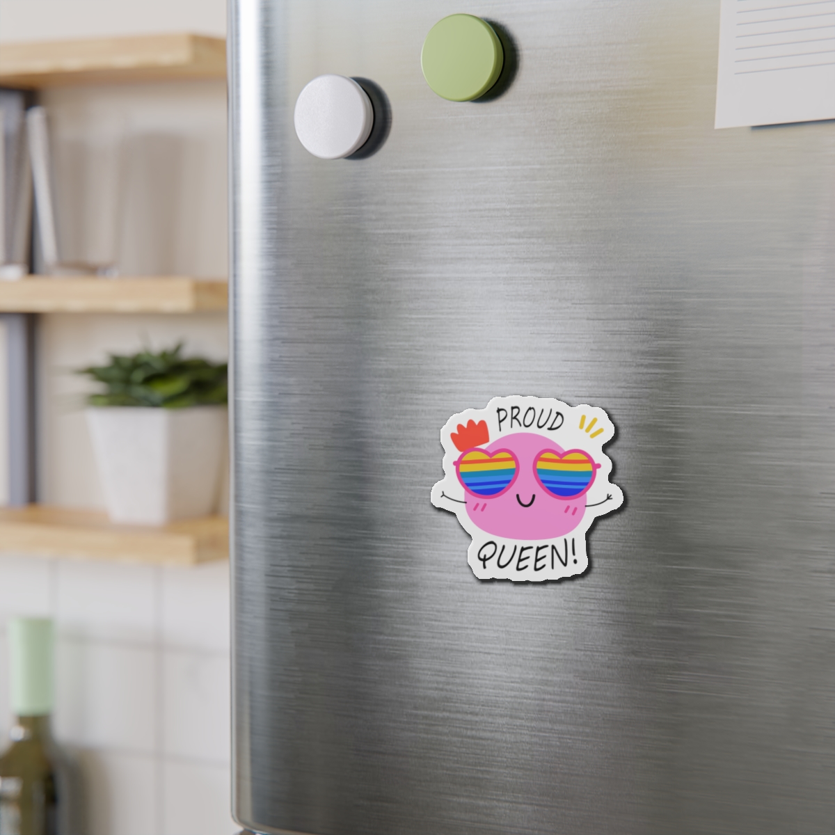 Pink Blob With Rainbow Heart Sunglasses Saying Proud Queen Flat Sticker Die Cut Magnets - Image 6