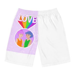 Young Couple Embracing With Rainbow Love Text Celebrating Pride Month Mens Board Shorts Aop