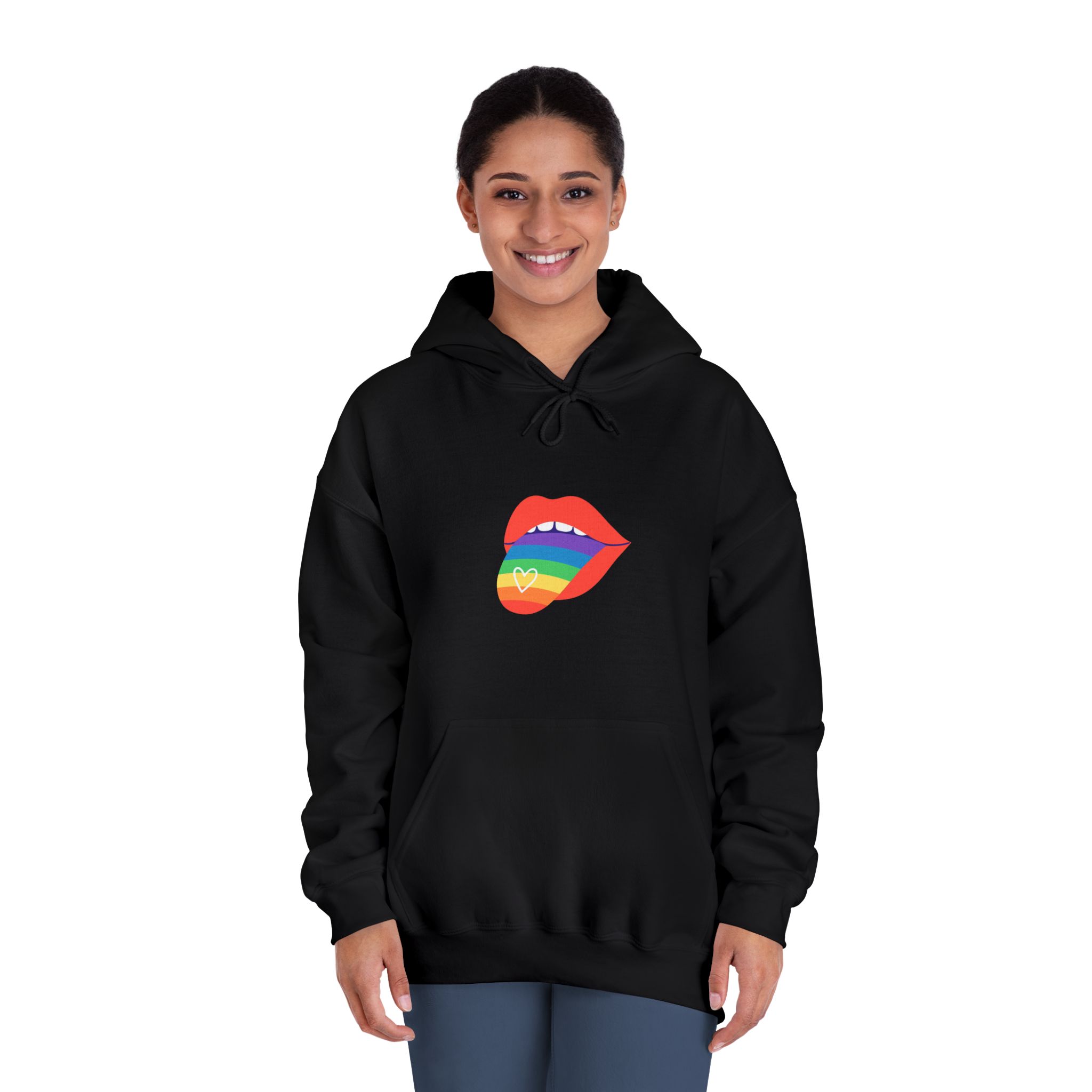Open Red Lips With Rainbow Tongue Hand Drawn Vector Illustration Unisex Dryblend Hooded Sweatshirt - Image 12