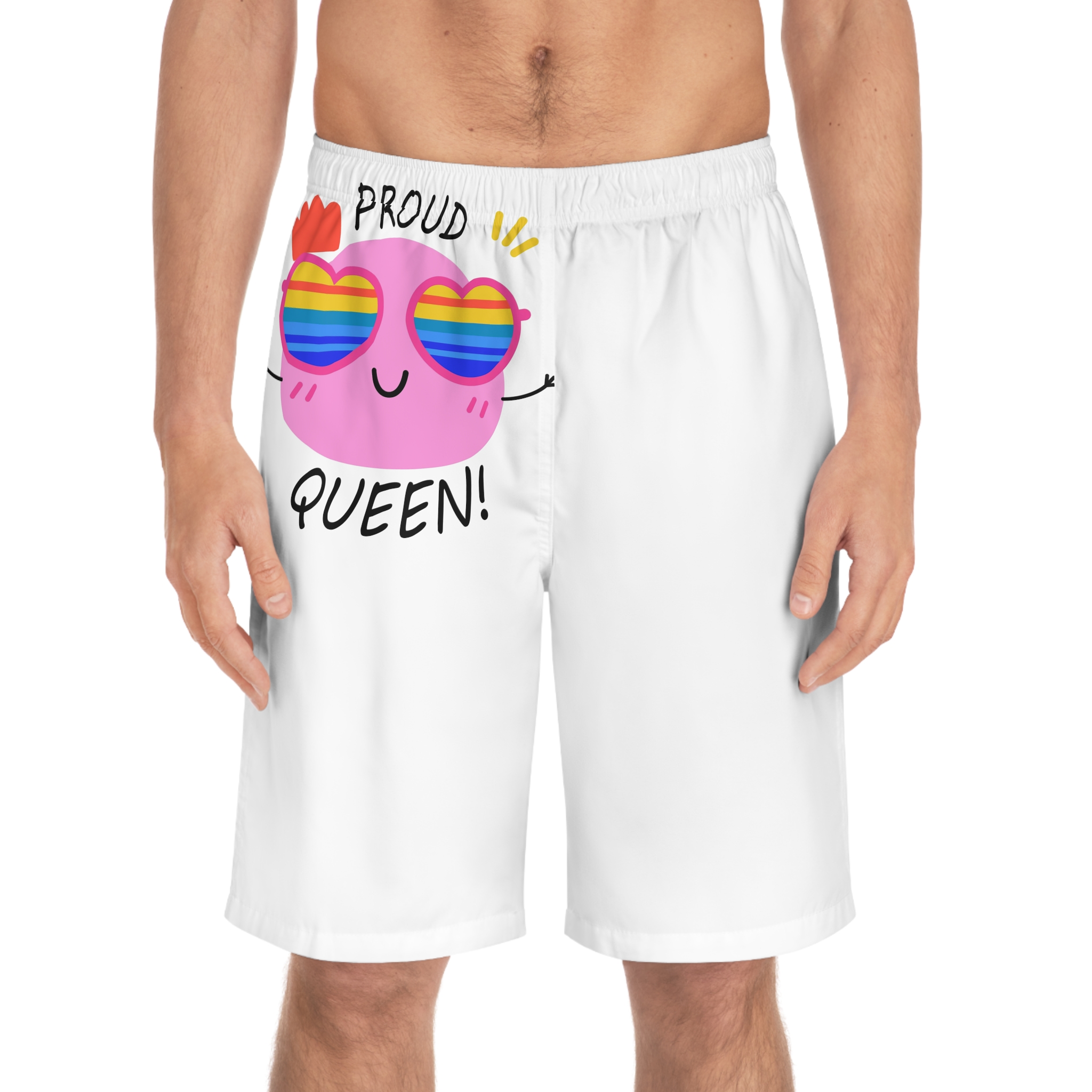 Pink Blob With Rainbow Heart Sunglasses Saying Proud Queen Flat Sticker Mens Board Shorts Aop - Image 3