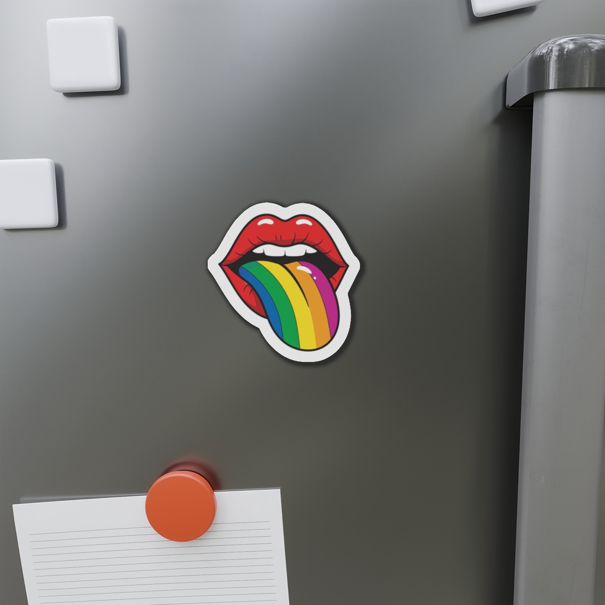 Pop Art Illustration Open Red Lips With Long Colorful Rainbow Tongue Sticking Out Now Die Cut Magnets - Image 8