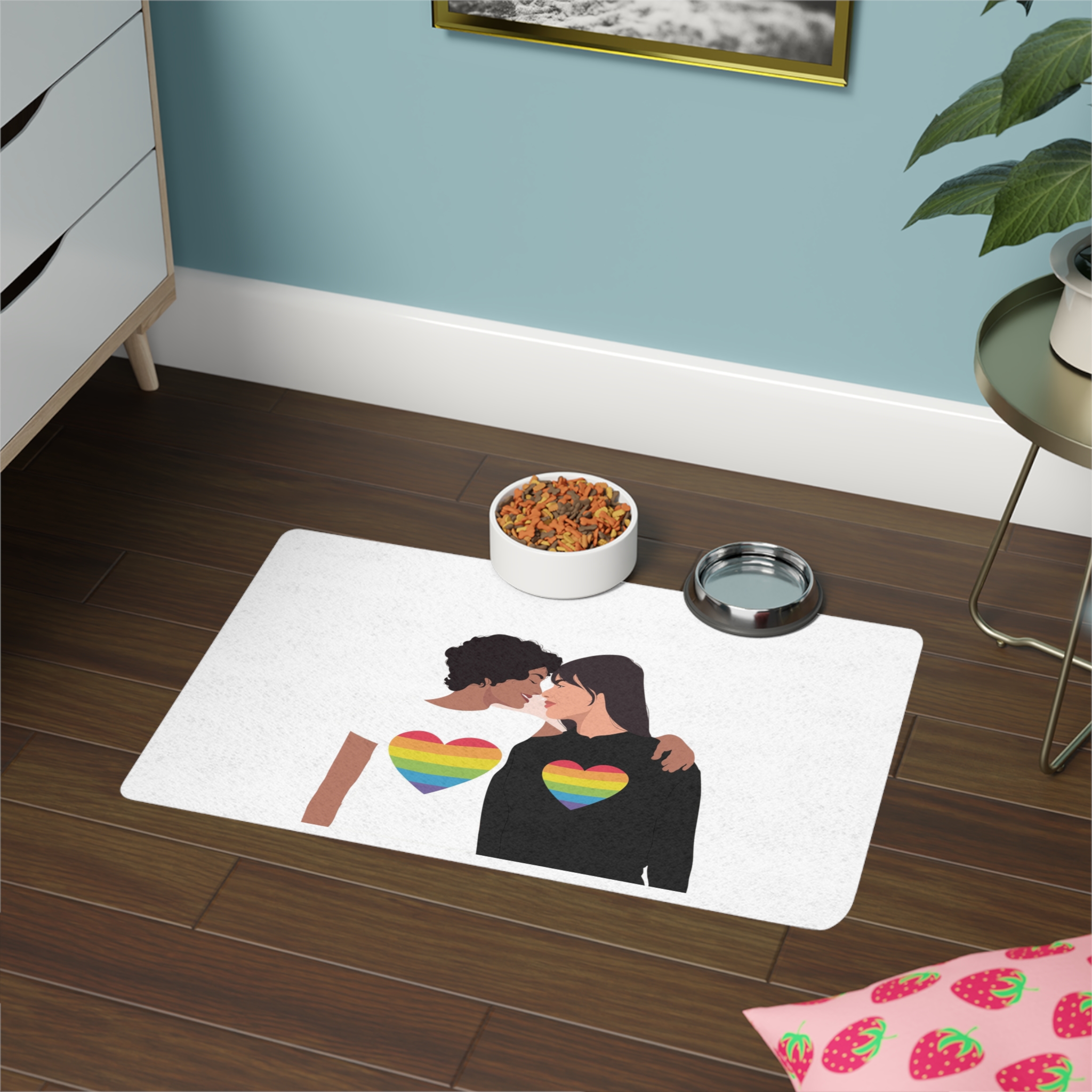 Embracing Lgbt Couple Couple Girls Love Smiling Each Other Pet Food Mat 12x18 - Image 4