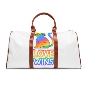 Adorable Rainbowstriped Cat With Love Wins Slogan Playful Colorful Vector Illustration Waterproof Travel Bag