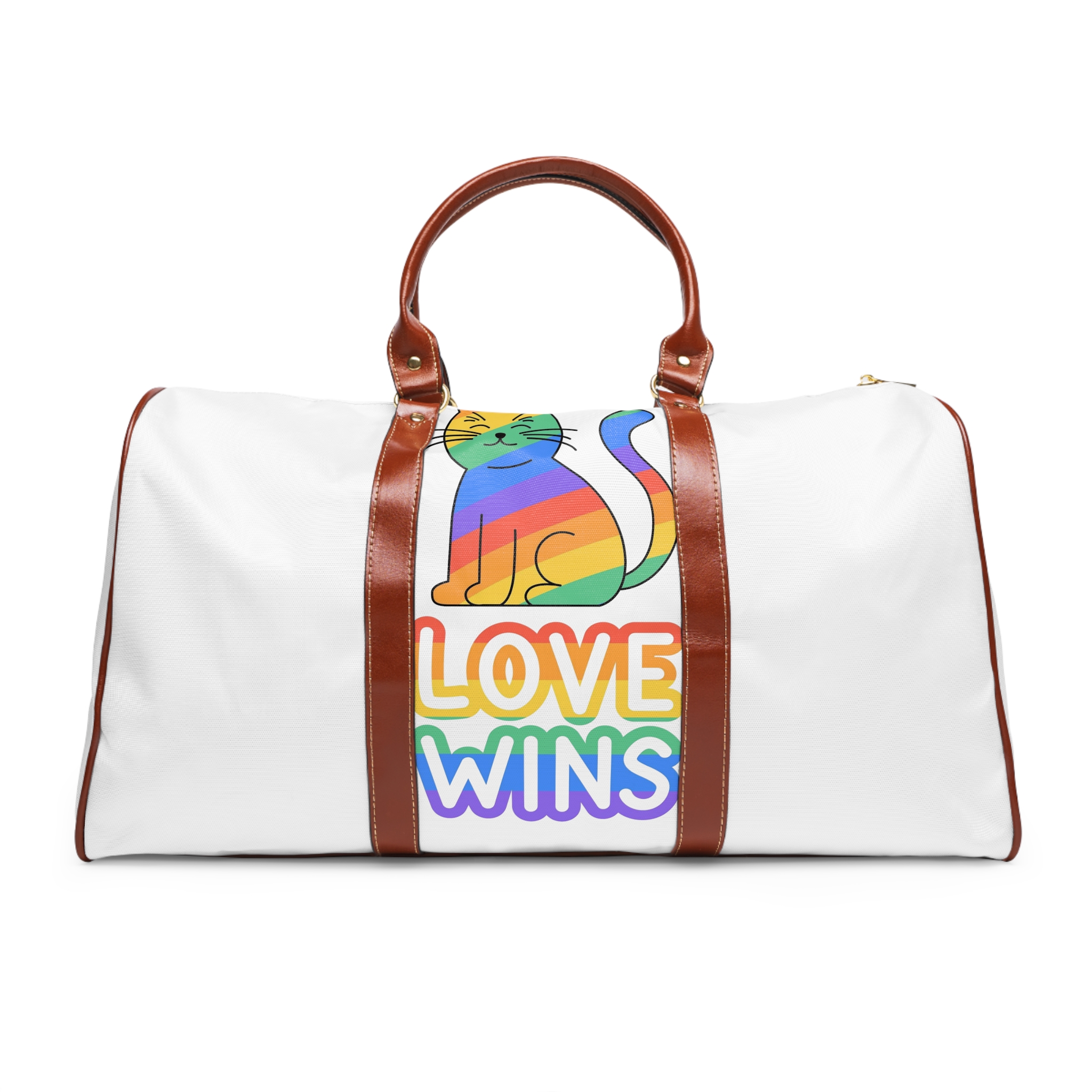Adorable Rainbowstriped Cat With Love Wins Slogan Playful Colorful Vector Illustration Waterproof Travel Bag