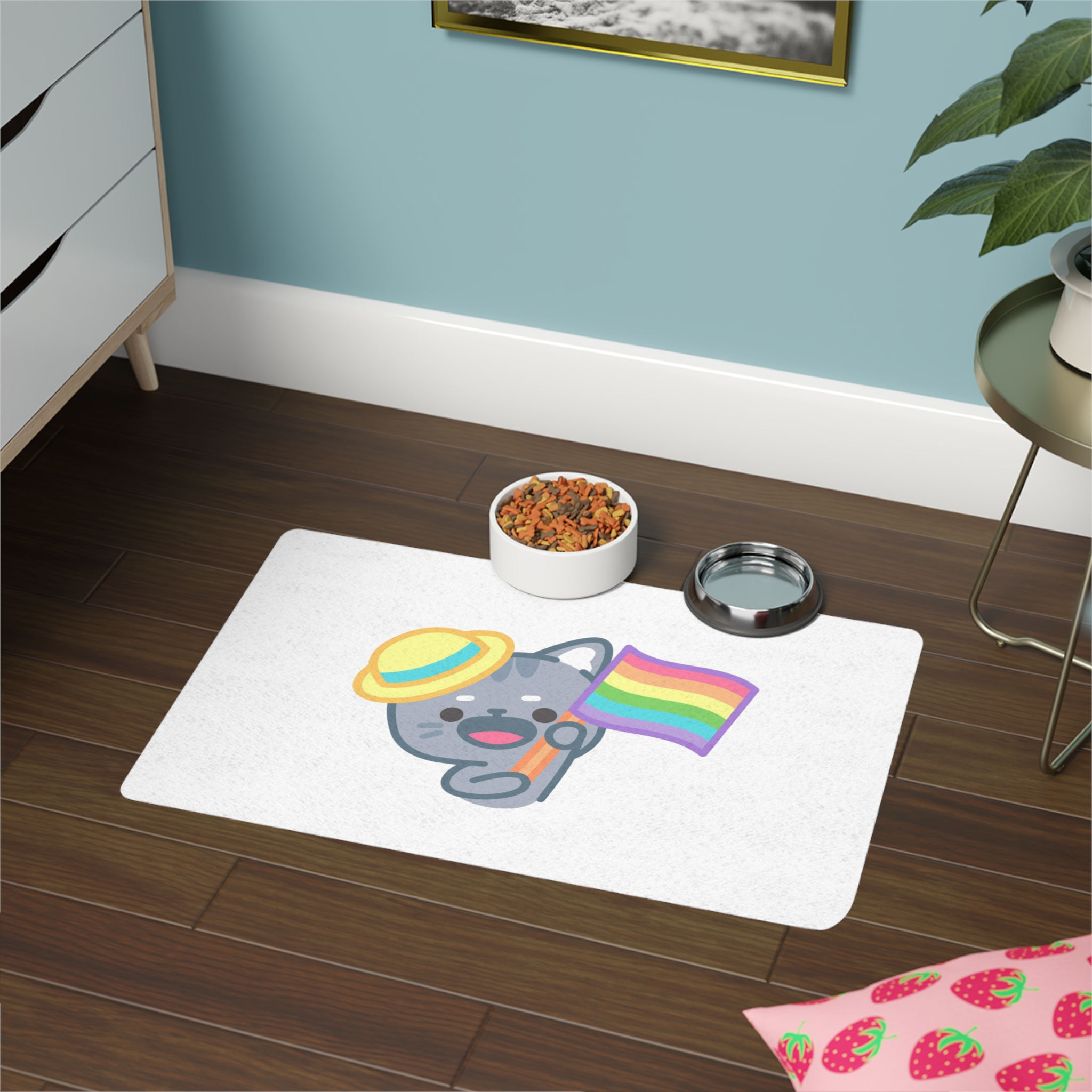 Cute Cat With Yellow Hat Rainbow Flag Illustration Pet Food Mat 12x18 - Image 4