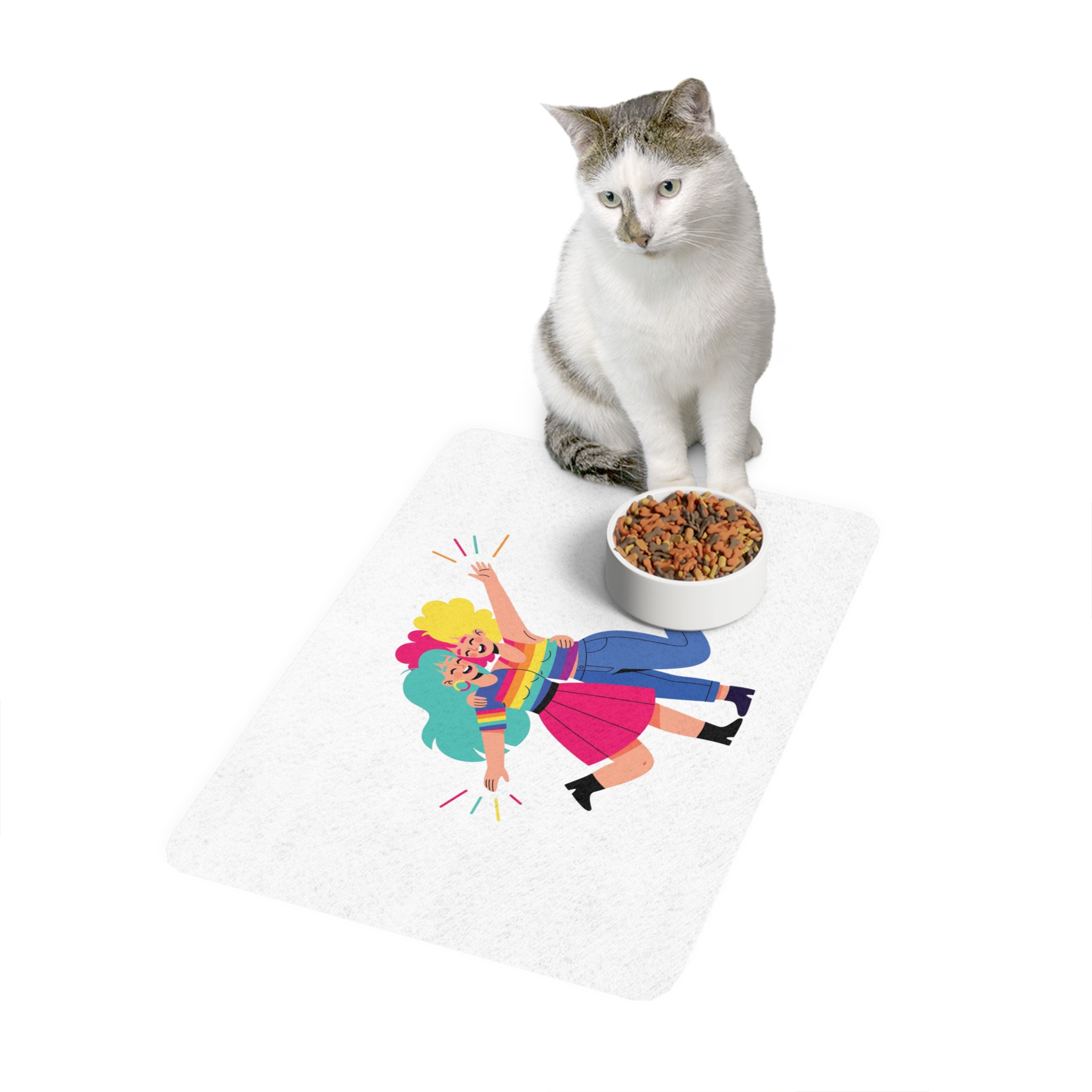 Two Happy Women Celebrating With Pride Flag Colors Pet Food Mat 12x18 - Image 3