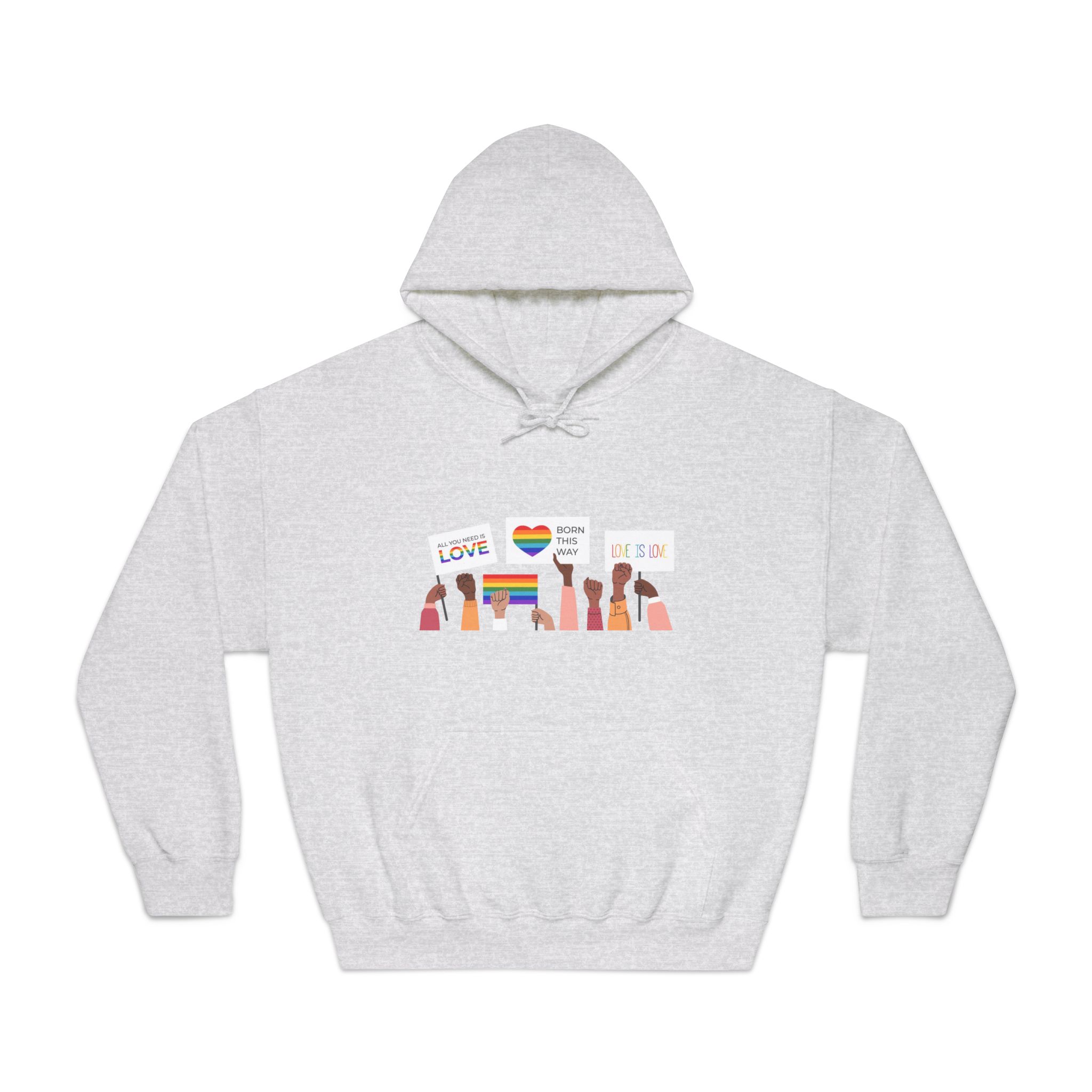 People Holding Lgbt Posters Symbols Signs Flags With Rainbows Pride Month Human Rights Love Is Love Unisex Dryblend Hooded Sweatshirt - Image 5