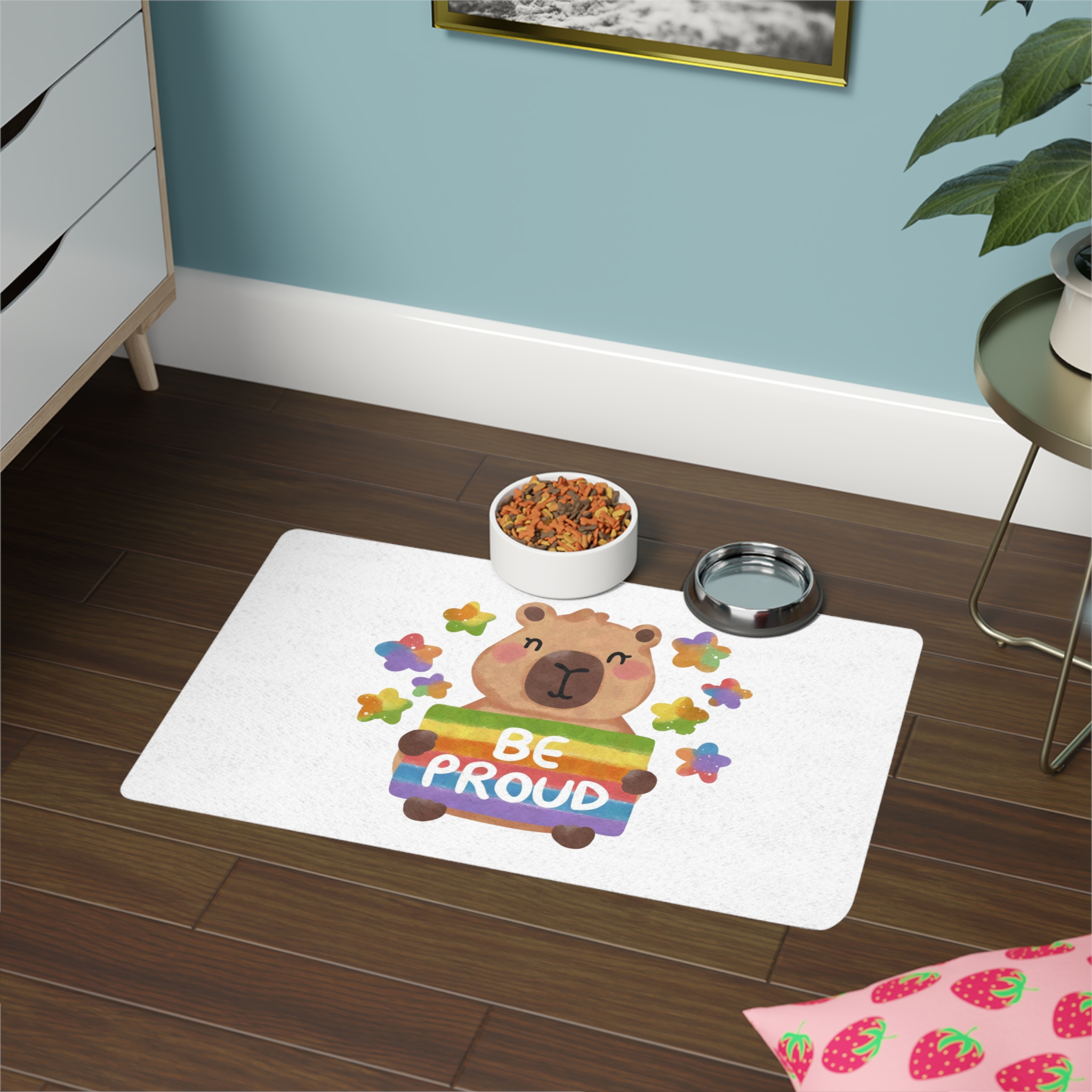 Cute Capybara Holding Be Proud Rainbow Flag Illustration Pet Food Mat 12x18 - Image 4