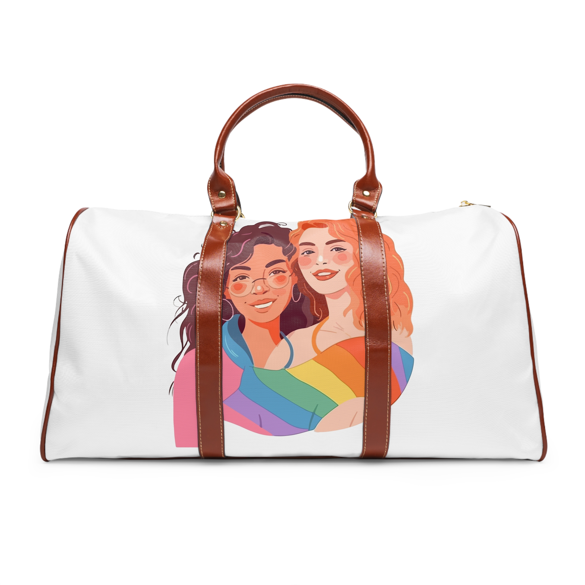 Portrait Lesbian Couple With Rainbow Flag Concept Lgbtq Illustration Couple Waterproof Travel Bag