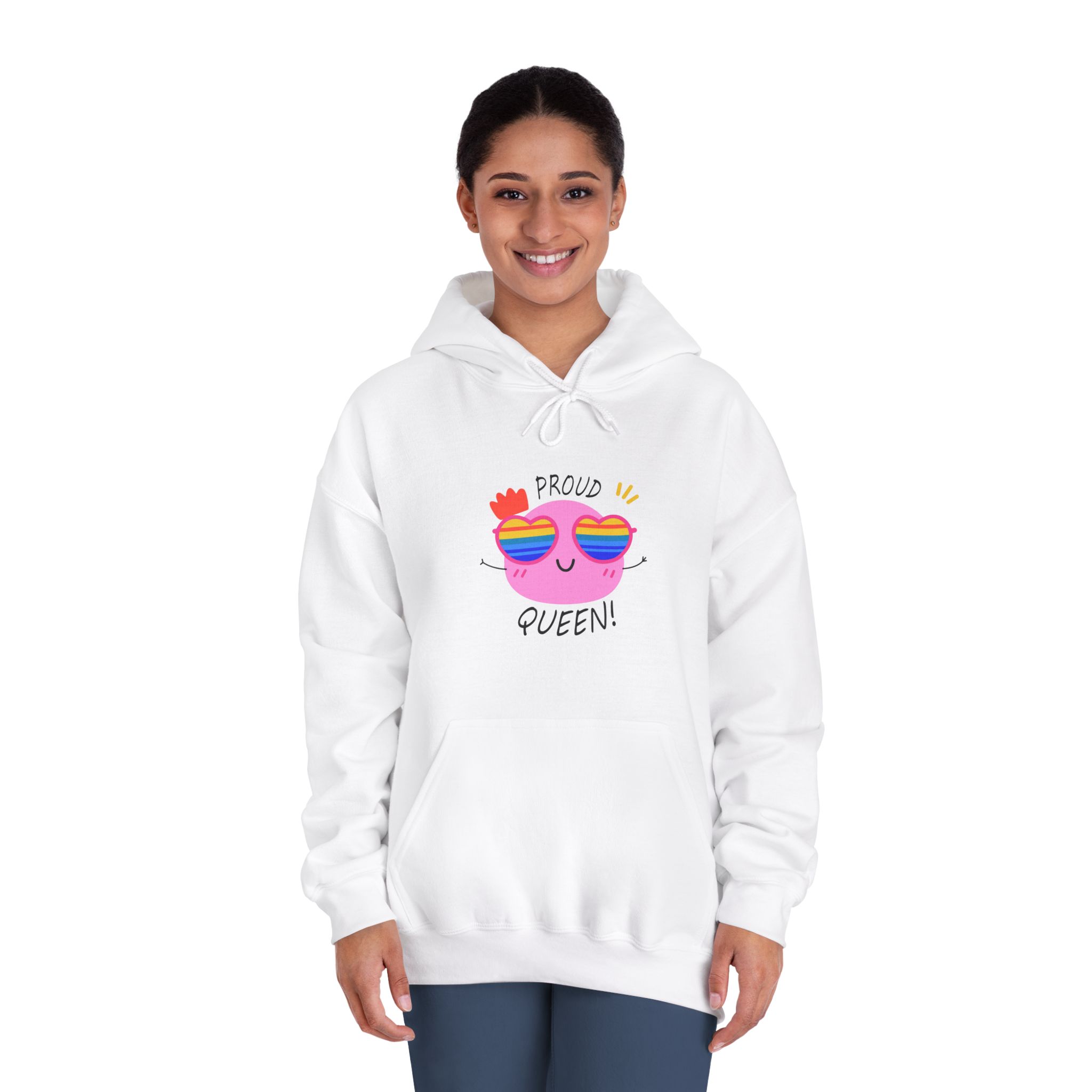 Pink Blob With Rainbow Heart Sunglasses Saying Proud Queen Flat Sticker Unisex Dryblend Hooded Sweatshirt - Image 4