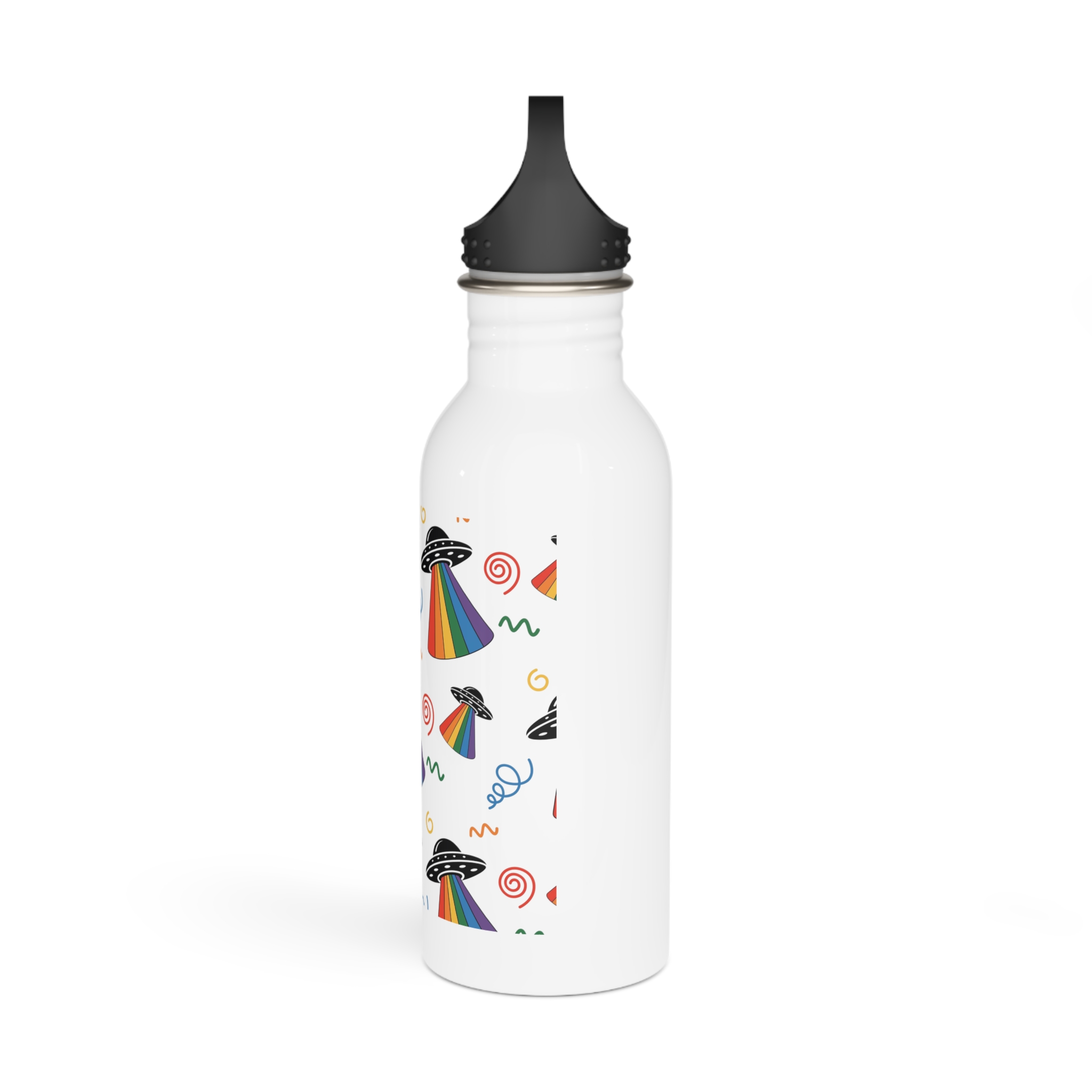 Seamless Pattern Ufo With Rainbow Beam Doodles Stainless Steel Water Bottle - Image 4