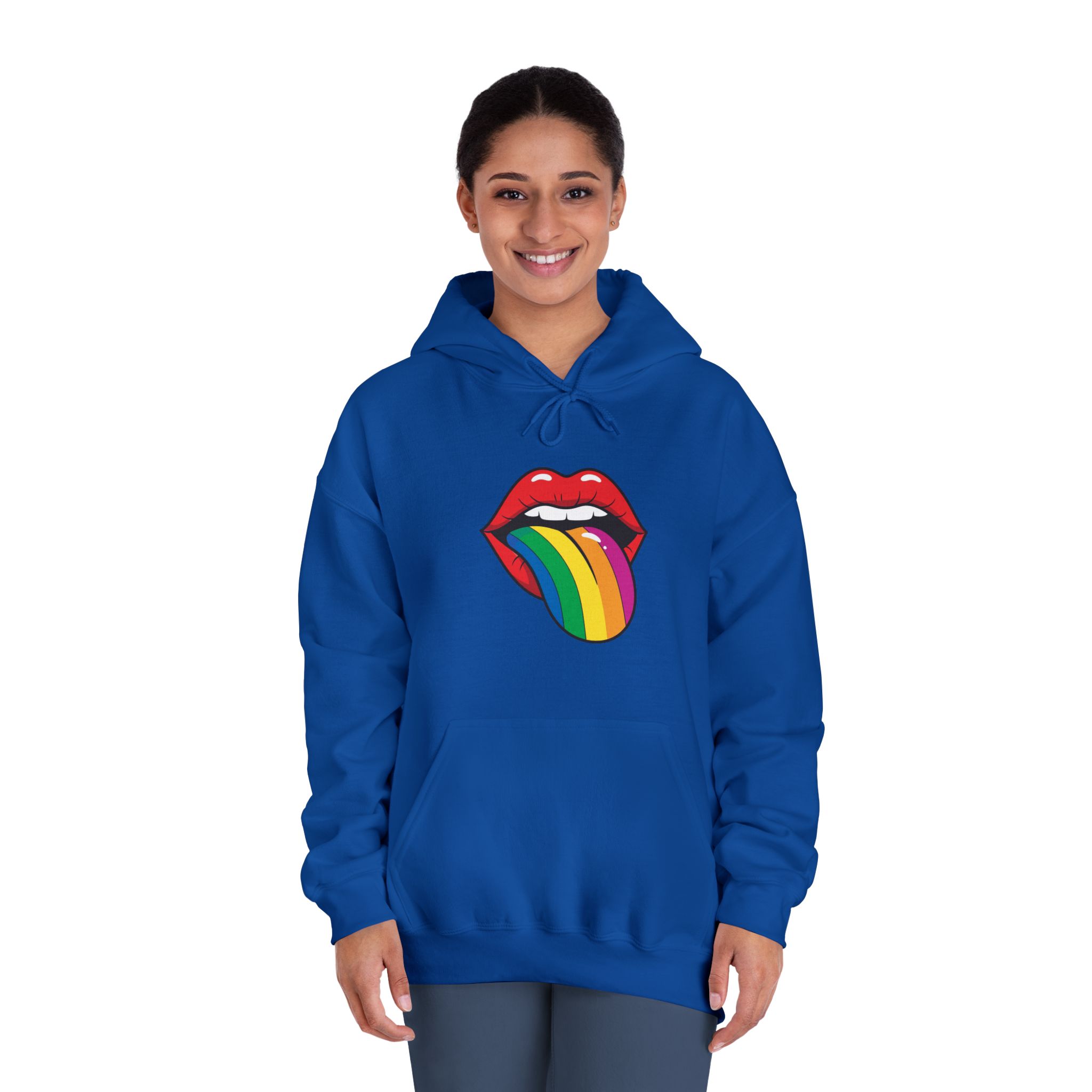 Pop Art Illustration Open Red Lips With Long Colorful Rainbow Tongue Sticking Out Now Unisex Dryblend Hooded Sweatshirt - Image 28