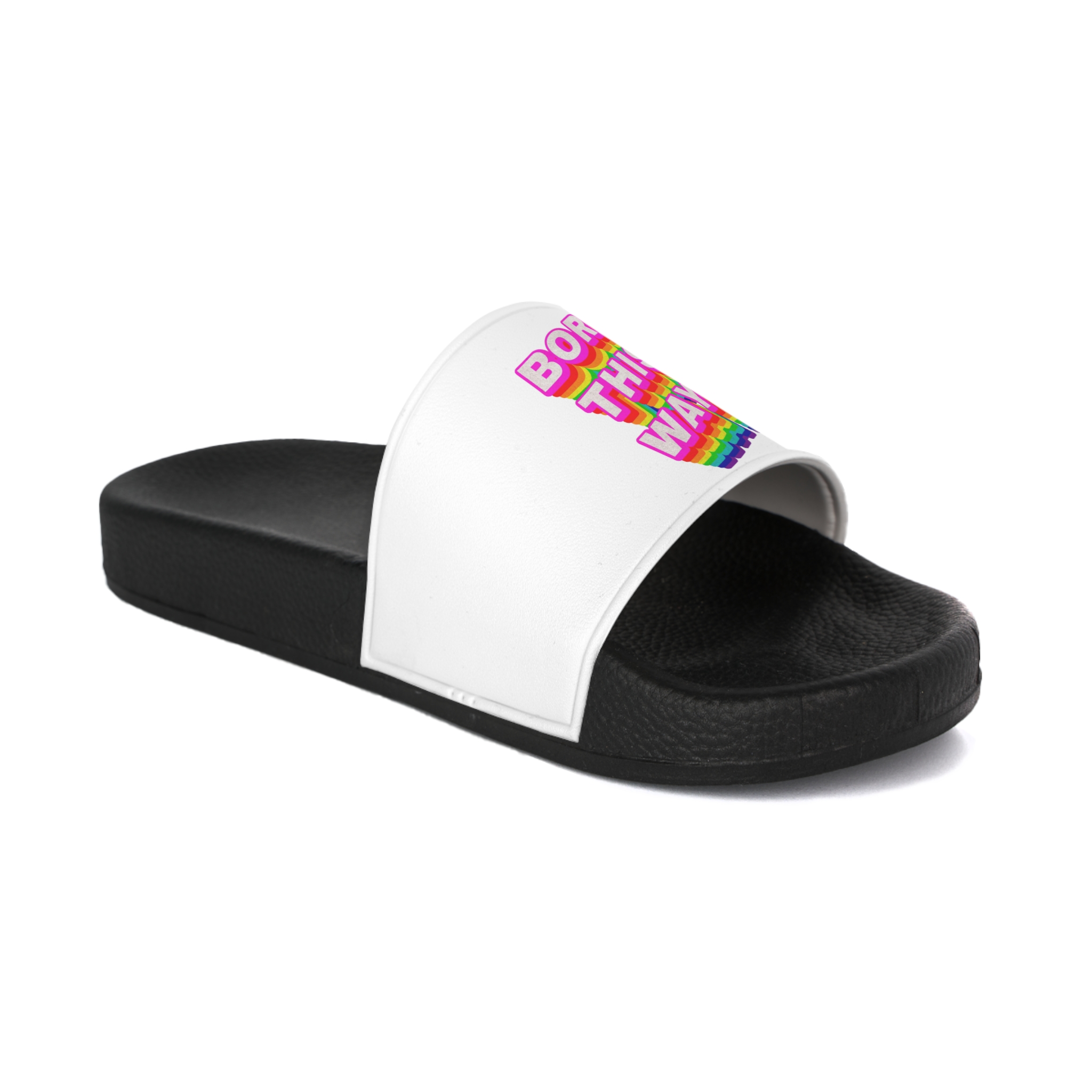 Rainbow Word Born This Way Typography Design Element Mens Slide Sandals - Image 2