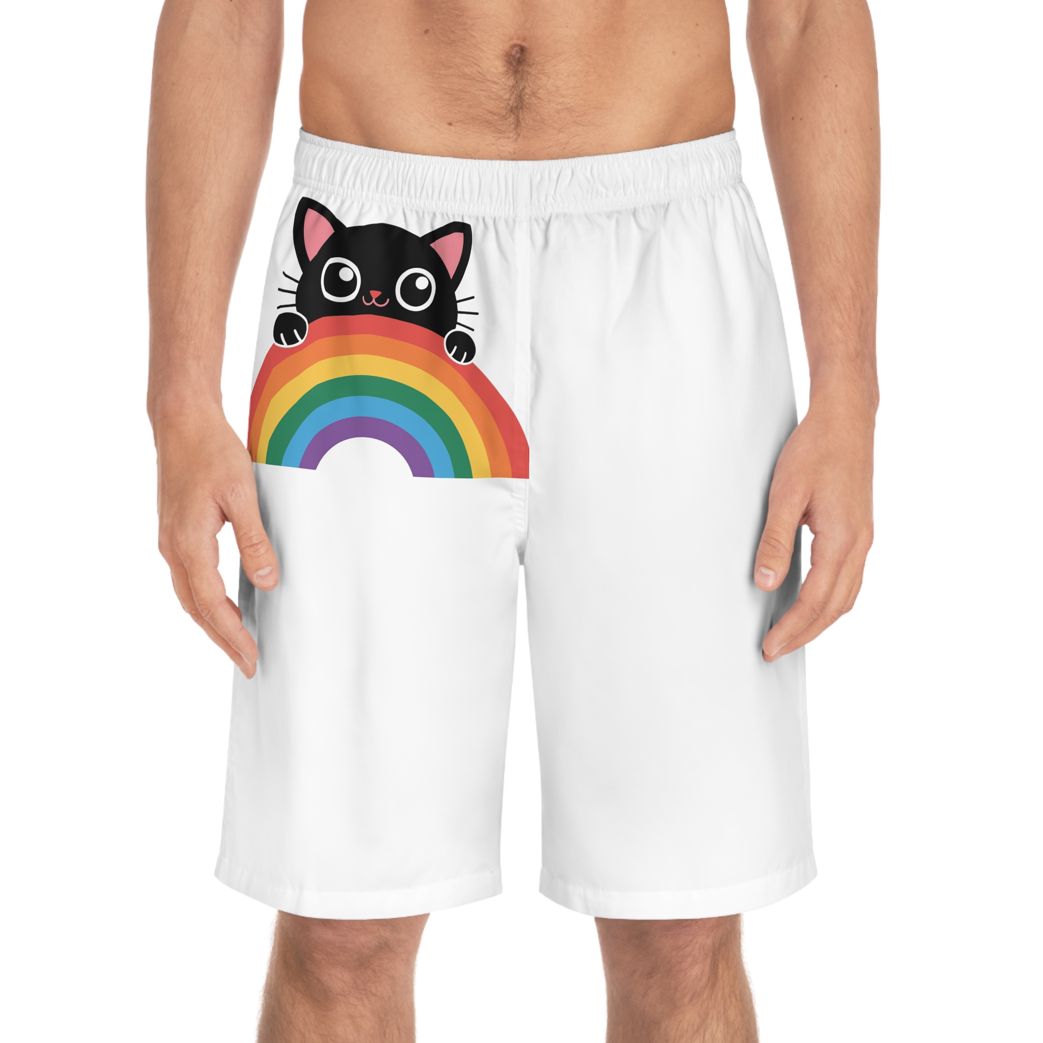 Black Cat With Rainbow Icon Pride Pet Design Vector Illustration Mens Board Shorts Aop - Image 3