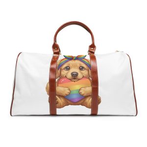 Cute Puppy Holding Rainbow Heart Pride Month Tshirt Design Waterproof Travel Bag
