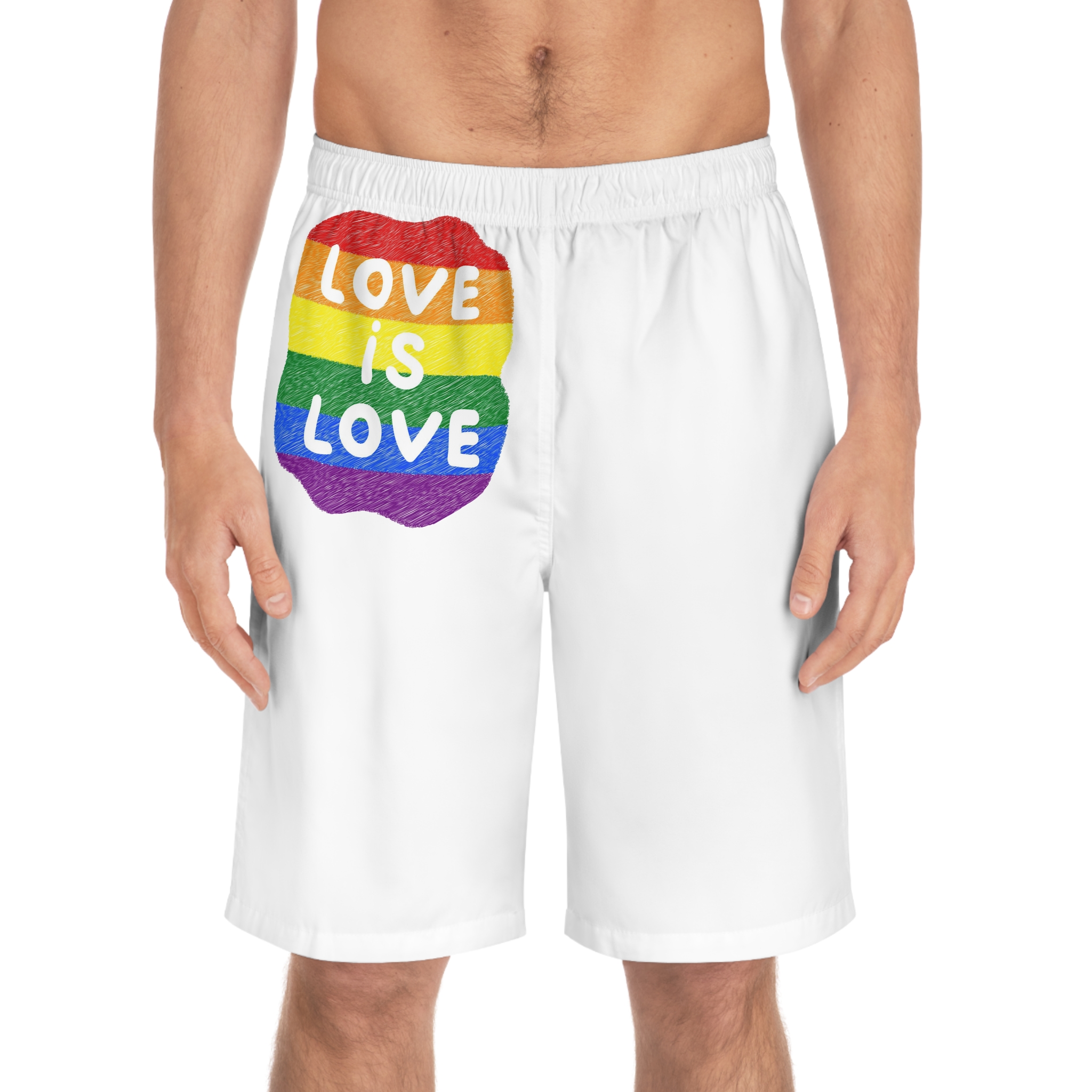Love Is Love Lgbtq Pride Rainbow Poster Slogan Mens Board Shorts Aop - Image 3