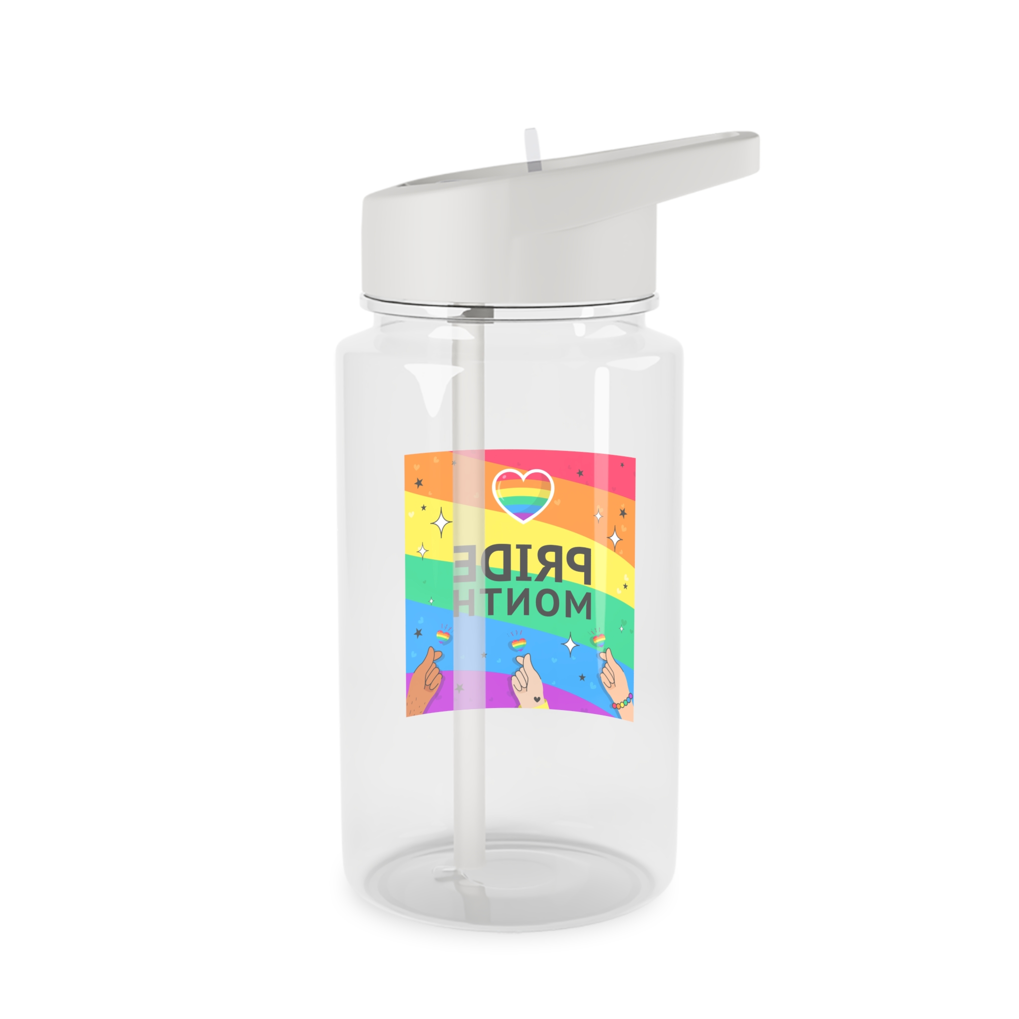 Pride Month Greeting Card Vector Illustration Hand Symbol Mini Heart Rainbow Flag Tritan Water Bottle - Image 2