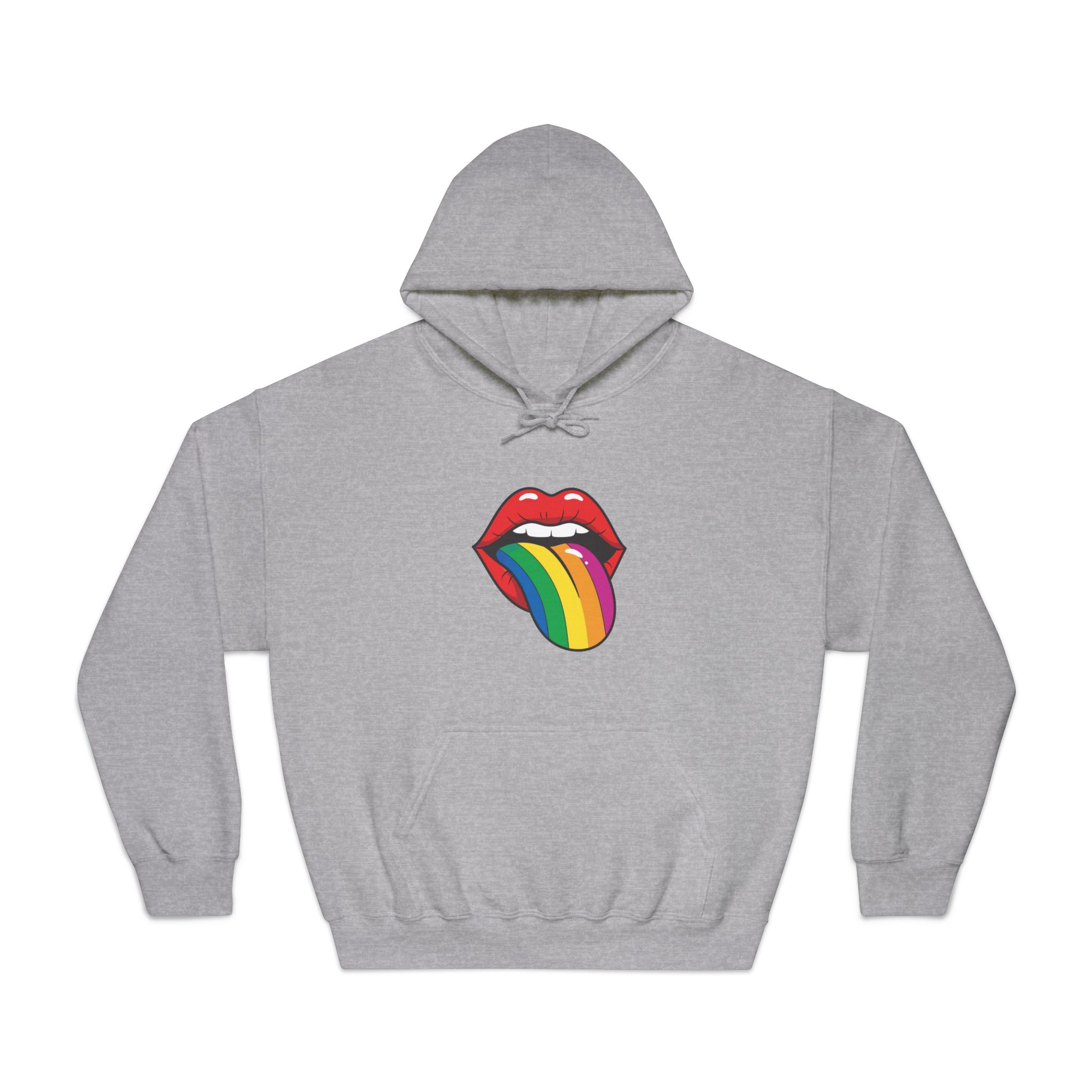 Pop Art Illustration Open Red Lips With Long Colorful Rainbow Tongue Sticking Out Now Unisex Dryblend Hooded Sweatshirt - Image 13