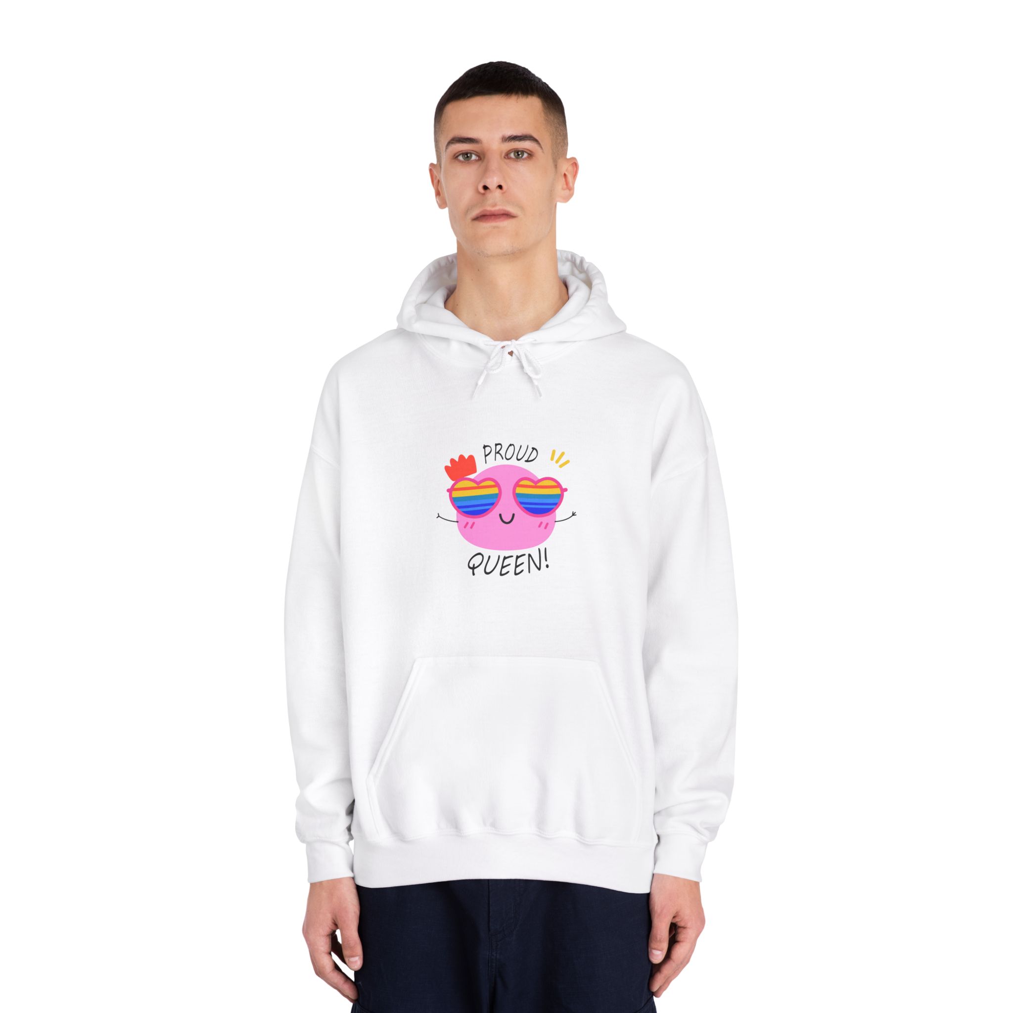 Pink Blob With Rainbow Heart Sunglasses Saying Proud Queen Flat Sticker Unisex Dryblend Hooded Sweatshirt - Image 3
