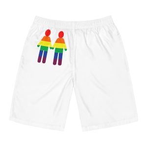 Gay Couple Holding Hands With Rainbow Color Background Vector Mens Board Shorts Aop