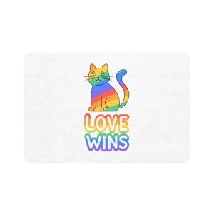 Adorable Rainbowstriped Cat With Love Wins Slogan Playful Colorful Vector Illustration Pet Food Mat 12x18