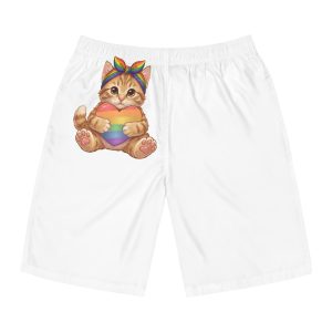 Cute Kitten Holding Rainbow Heart Pride Month Tshirt Design Mens Board Shorts Aop