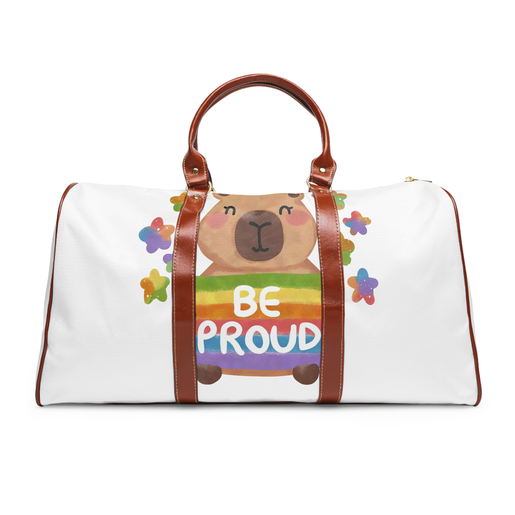 Cute Capybara Holding Be Proud Rainbow Flag Illustration Waterproof Travel Bag