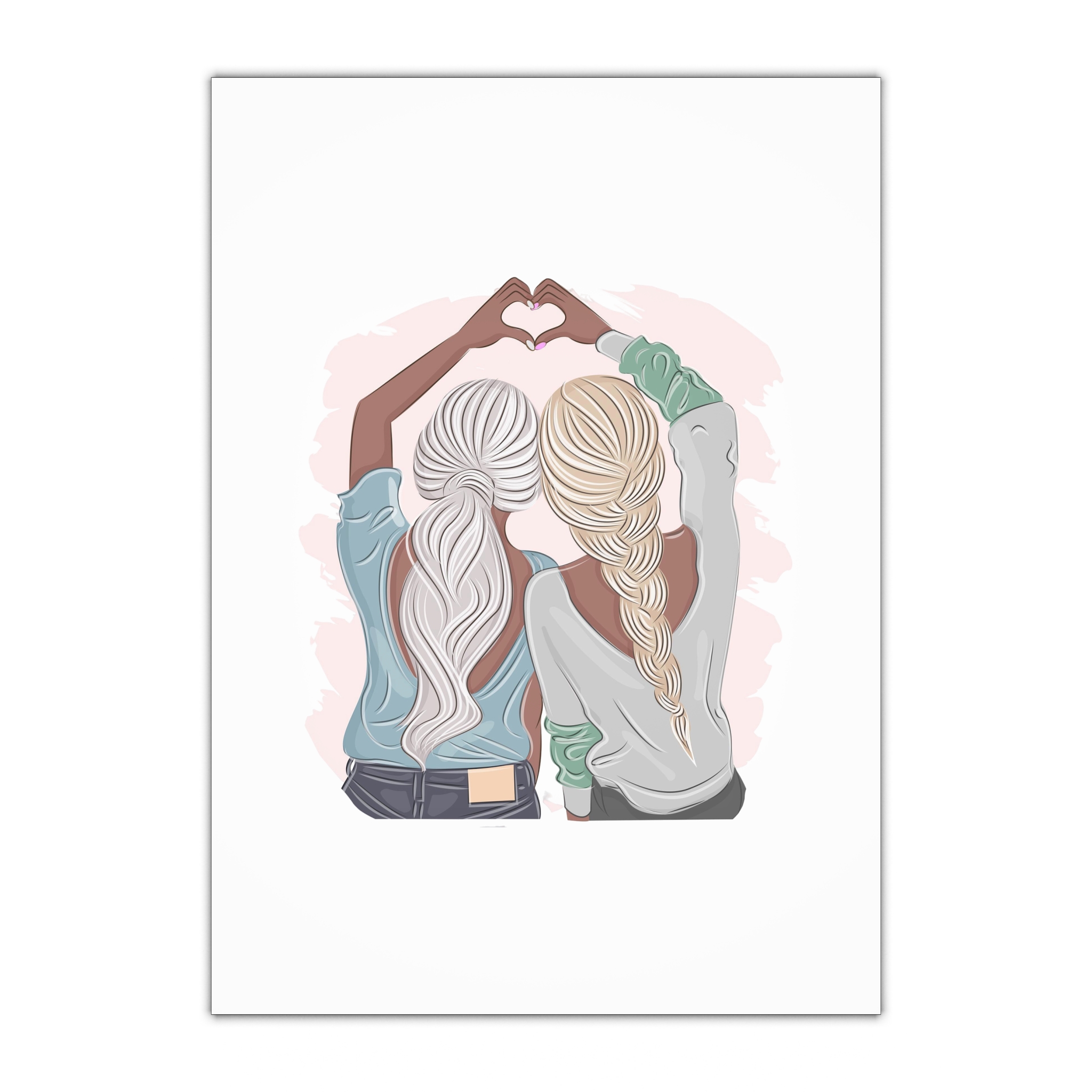 Stylish Girlfriends Two Sisters Show With Hands Heart View From Back Friendship Concept Fashion Vector Illustration Art Postcard Poster Interior Design Textile Print Gift Wrapping Paper Sheets 1pc