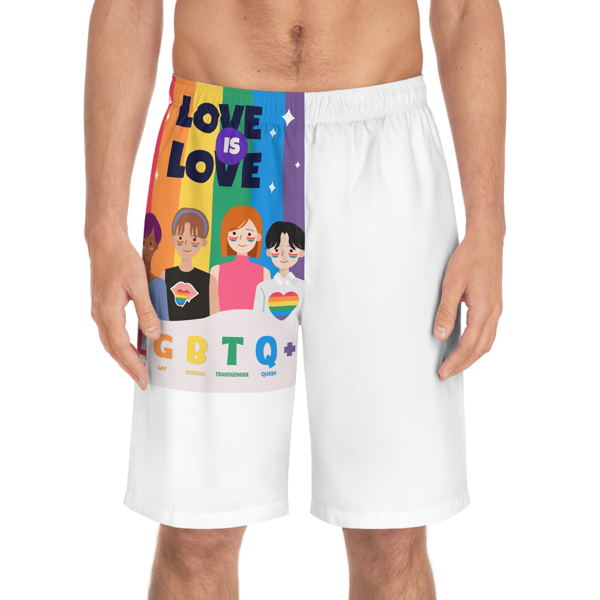 Lgbtq Pride Month Poster Vector With Diverse Characters Rainbow Celebrate Love Inclusivity Mens Board Shorts Aop - Image 3
